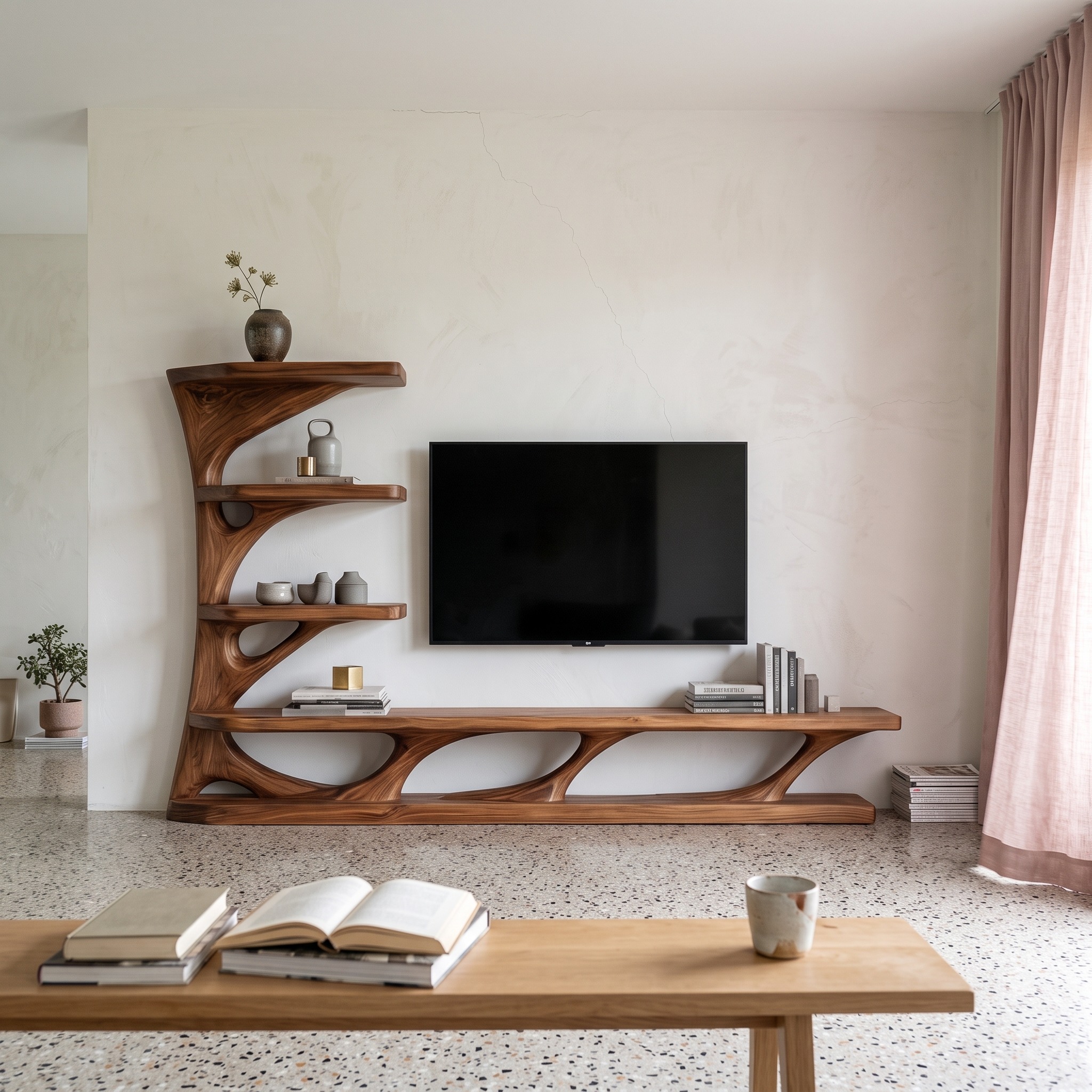 Modern Wooden TV Console with Tree Branch Design, Organic Media Stand Entertainment Center for Living Room