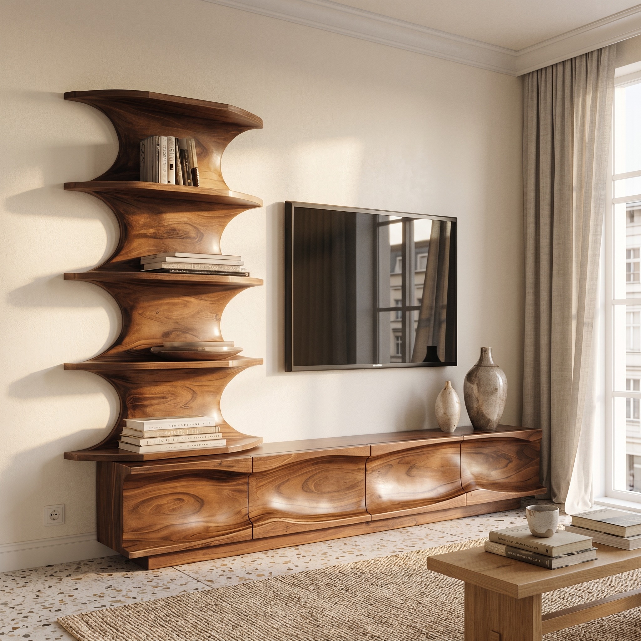 Modern Wooden TV Console with Vertical Open Shelving, Component Storage Media Center for Living Room