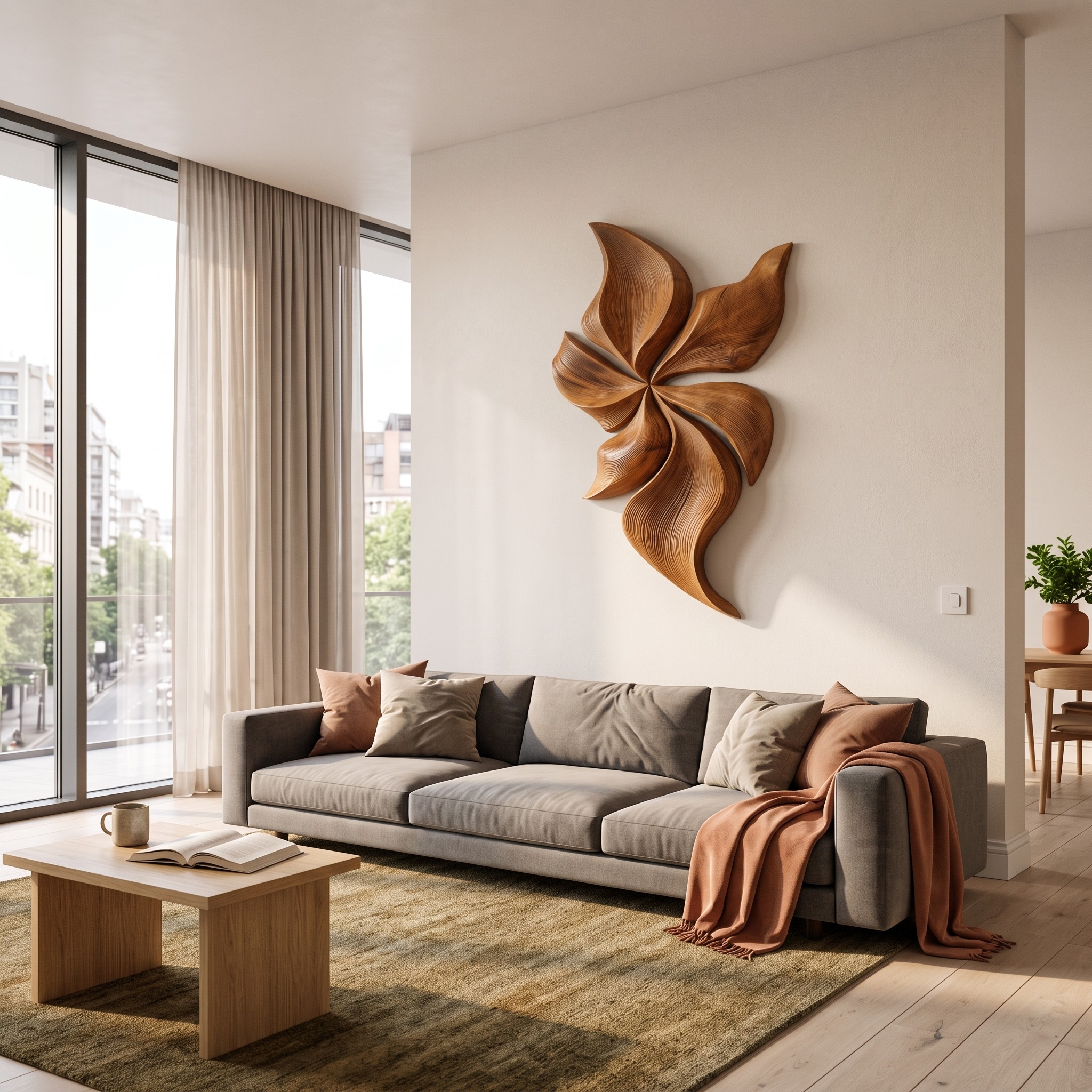 Modern Wooden Wall Art, Floral Inspired Hand-Carved 3D Botanical Wood Wall Sculpture for Living Room Decor