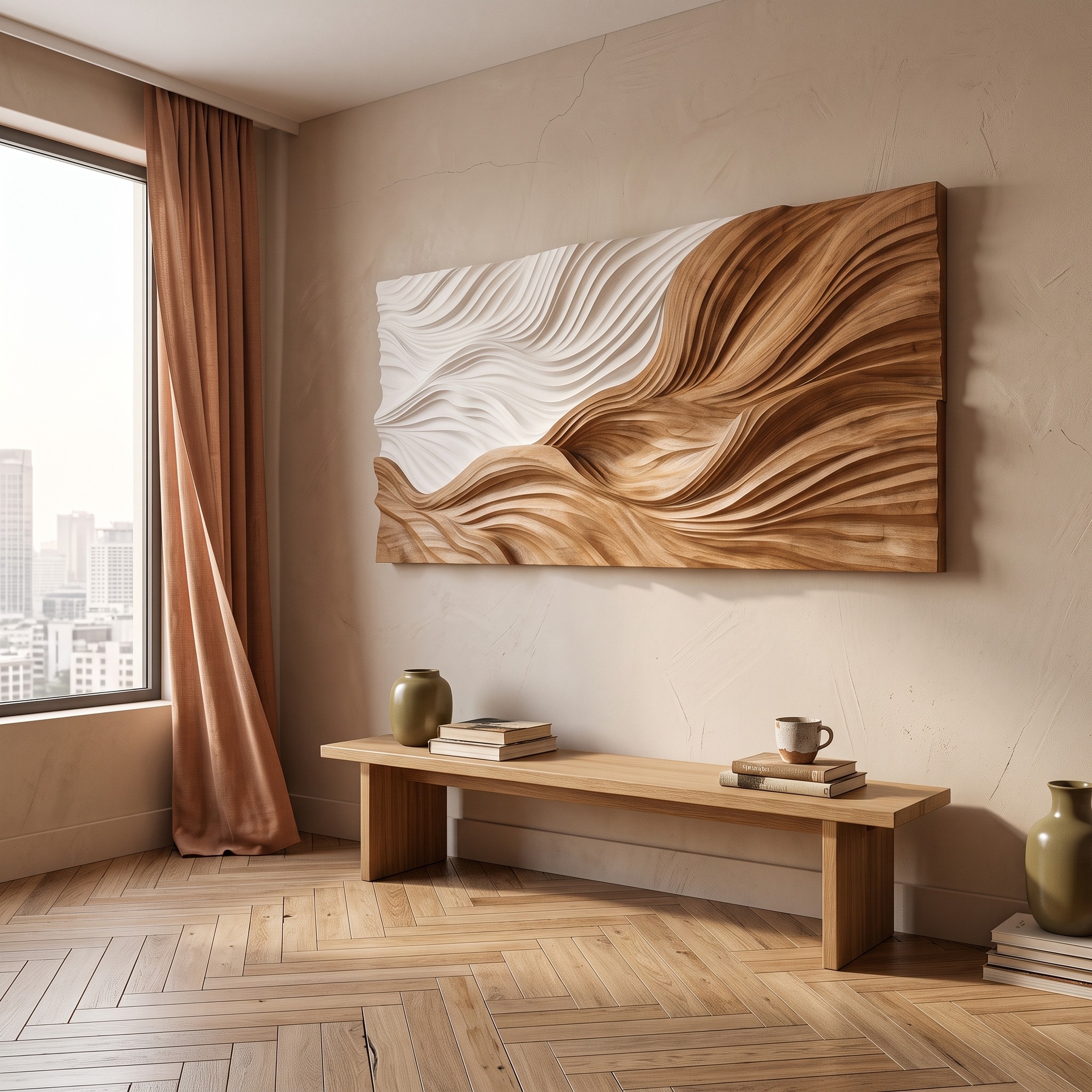 Modern Wooden Wall Art, Hand-Carved Abstract Wave 3D Wood Sculpture Panel for Living Room & Home Decor