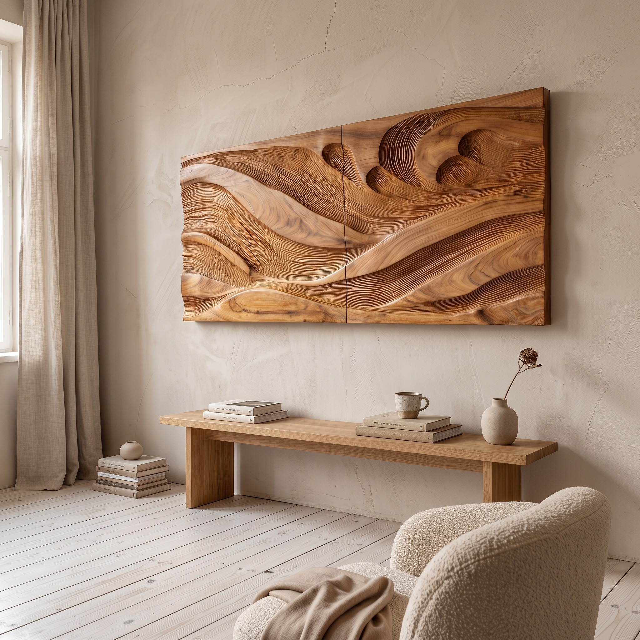 Modern Wooden Wall Art with Textured Design, 3D Carved Abstract Art Panel for Living Room