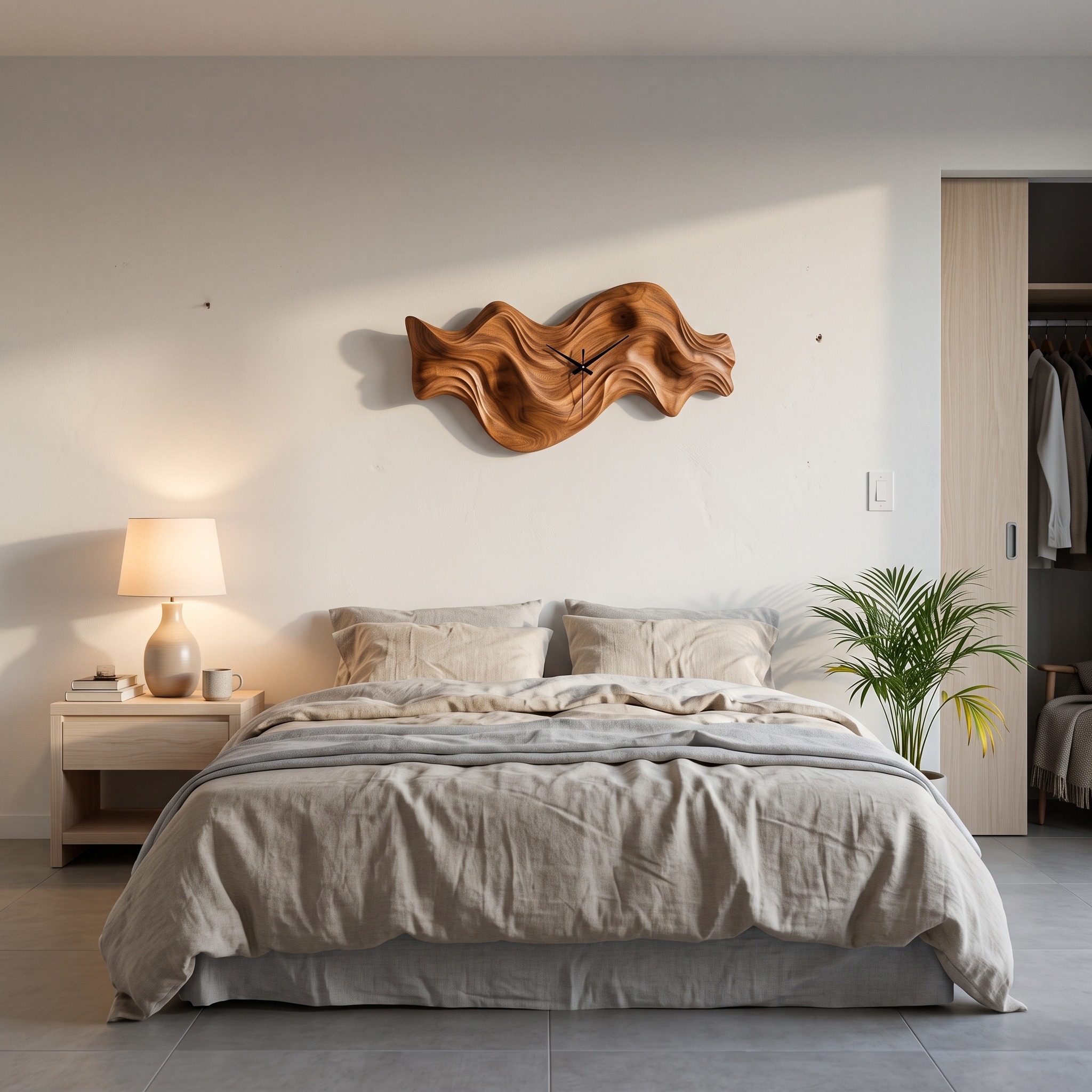 Modern Wooden Wall Clock, Organic Wave Solid Wood Hanging Art Timepiece for Cozy Bedroom Decor