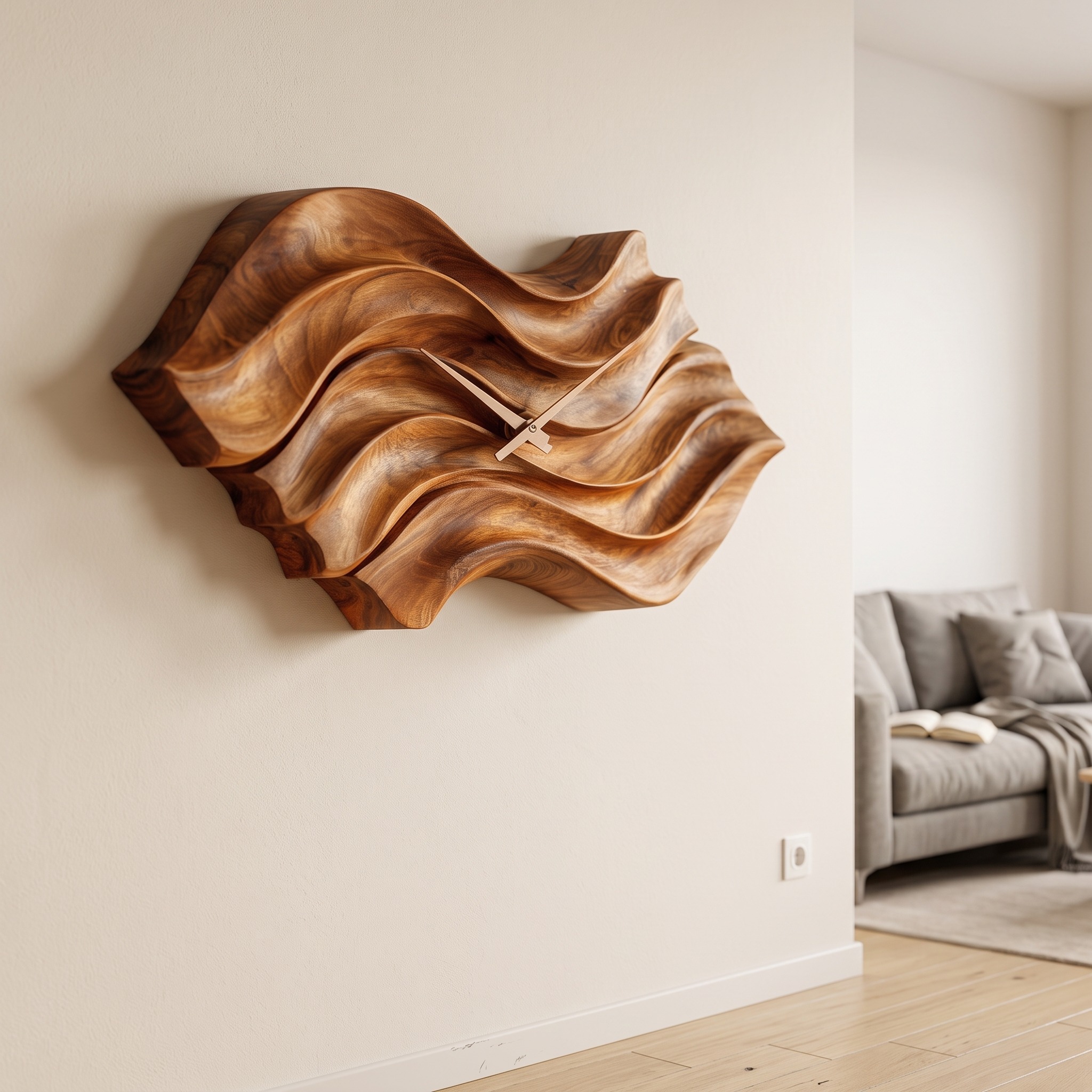 Modern Wooden Wall Clock, Organic Wavy Shape Solid Wood Quiet Timepiece for Bedroom Office Decor