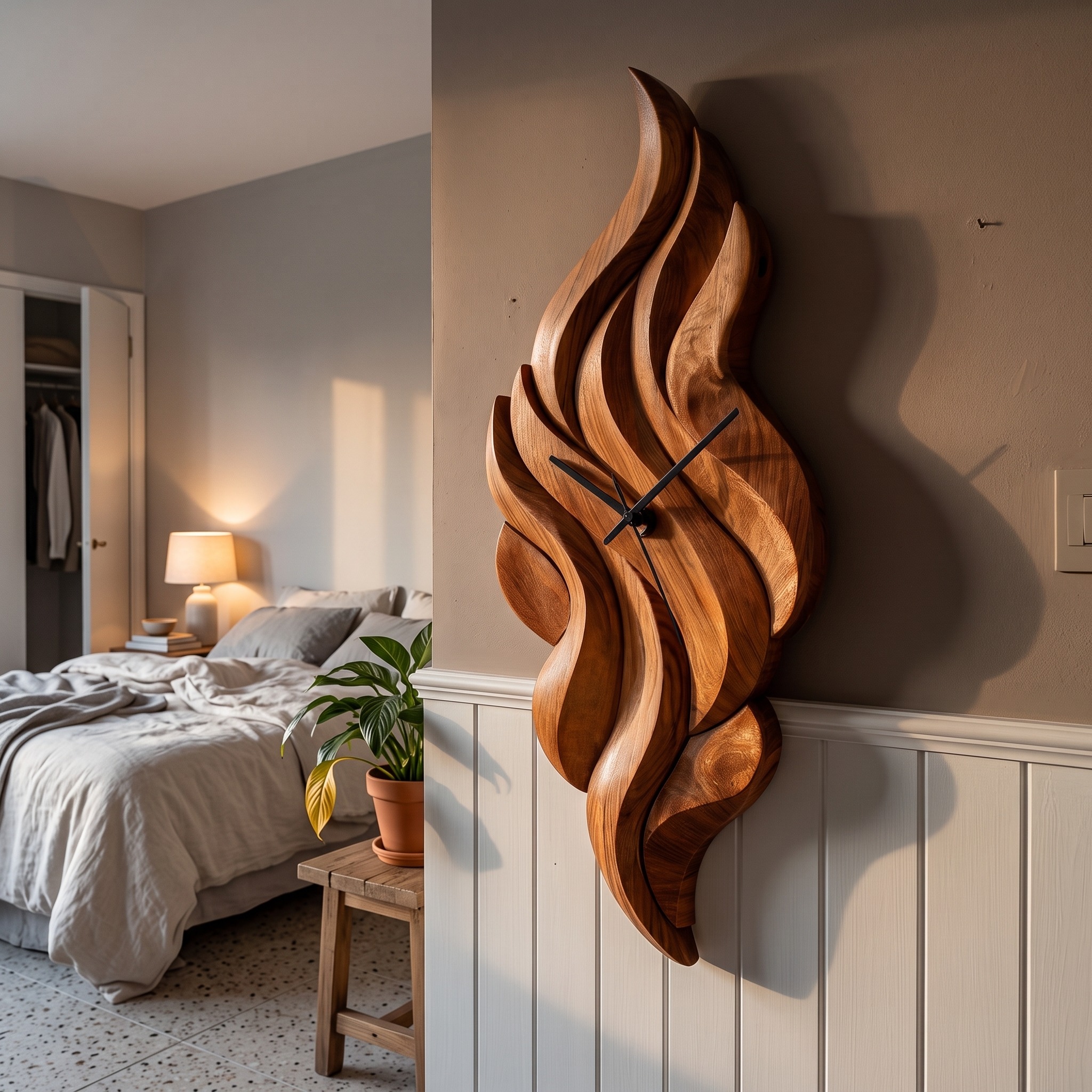 Modern Wooden Wall Clock with Sculptural Wave Carving, Handcrafted Abstract Wood Art Clock for Home Decor