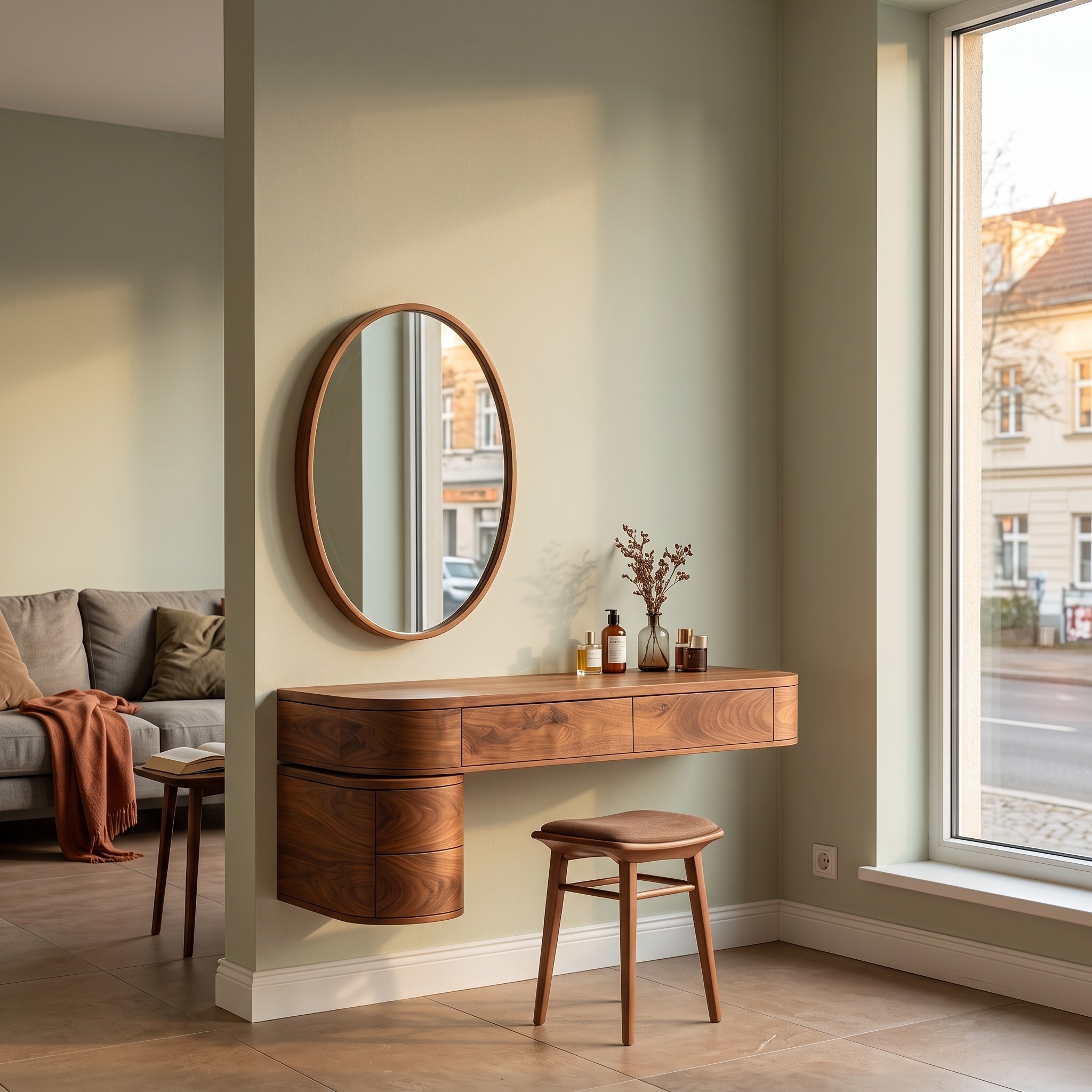 Modern Wooden Wall Mounted Makeup Vanity, Floating Dressing Table Desk with Drawer for Bedroom, Small Space Saving