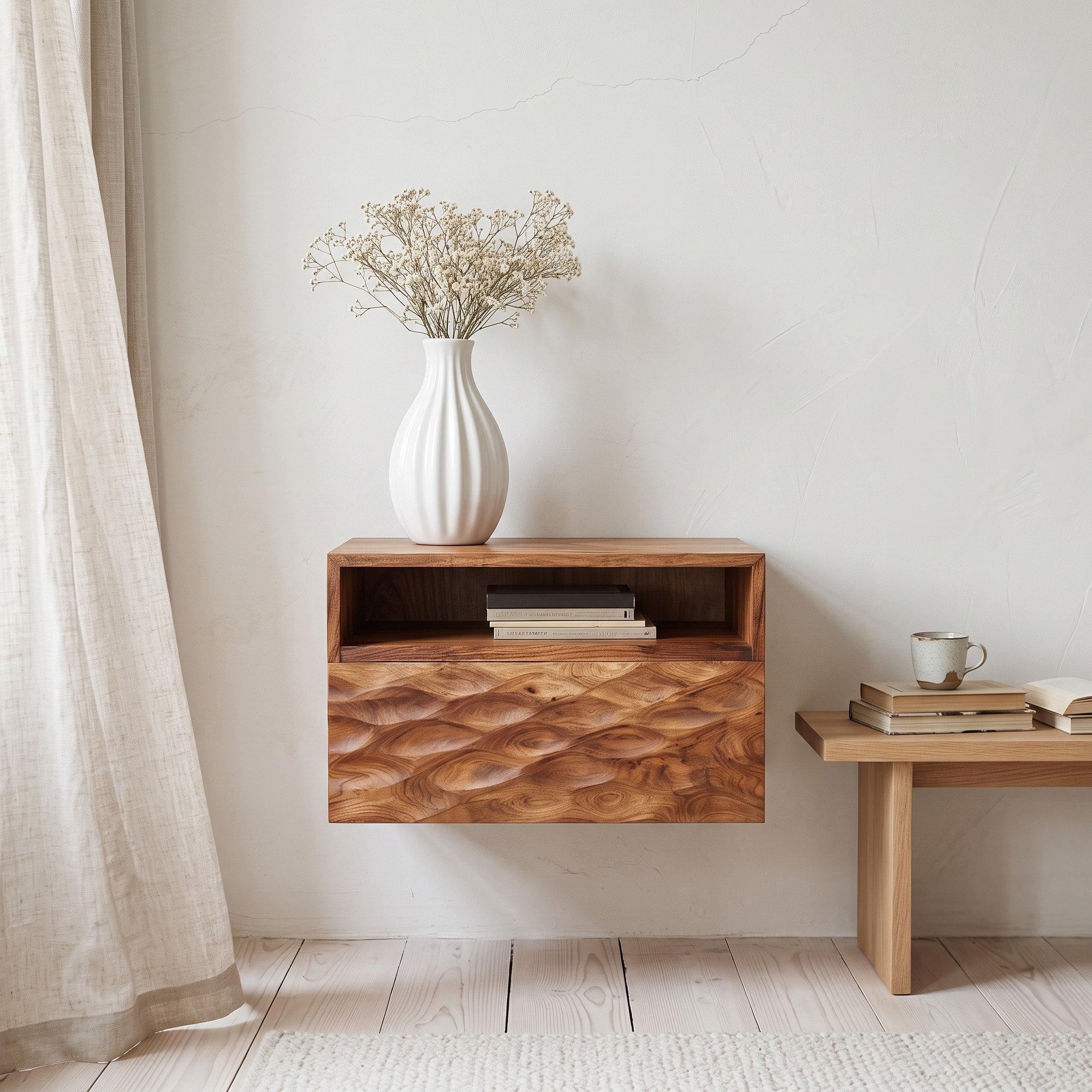Modern Wooden Wall Mounted Nightstand with Open Storage Shelf, Floating Bedside Table for Bedroom, Model