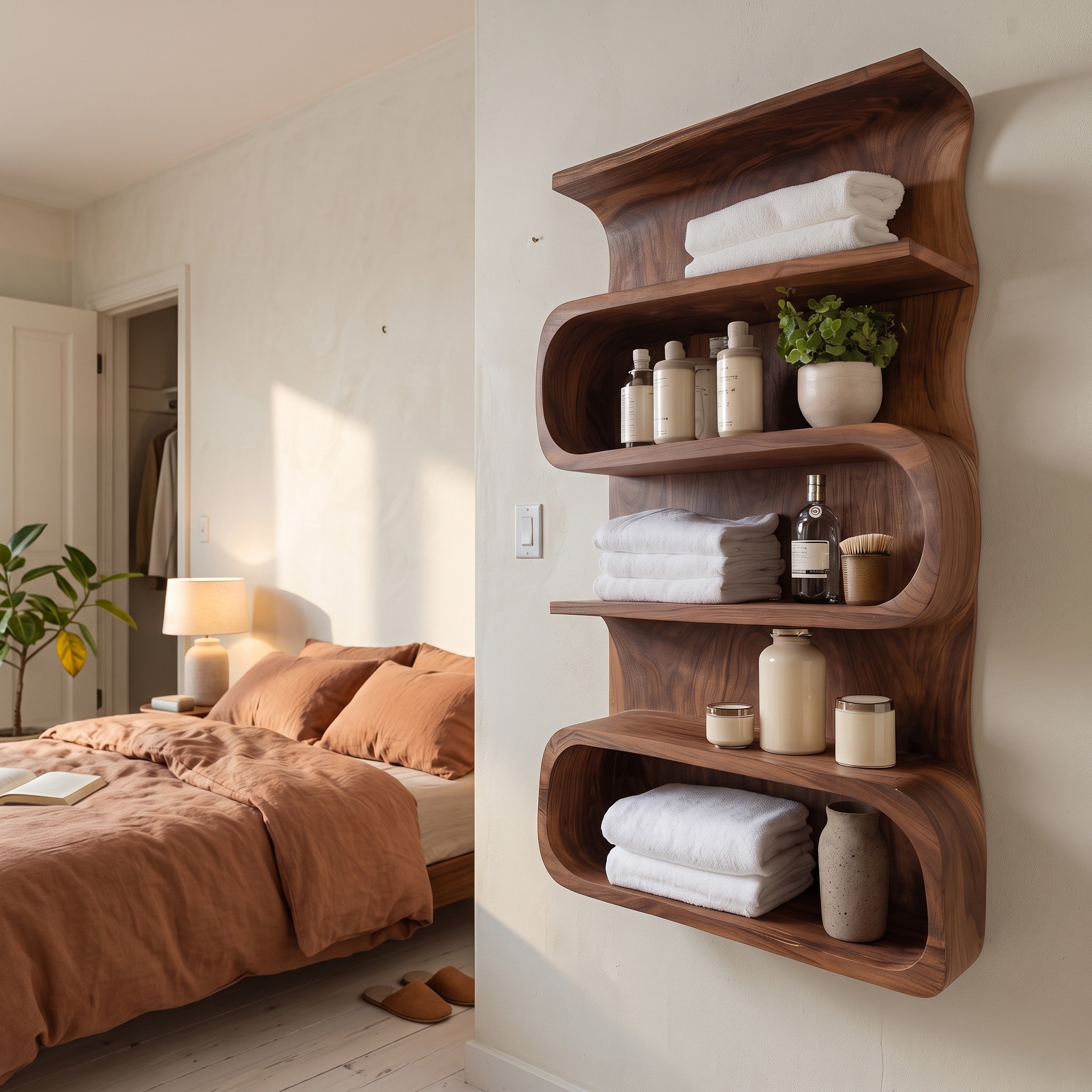 Modern Wooden Wall Shelf, Minimalist Floating Storage Organizer for Bathroom Decor, Model