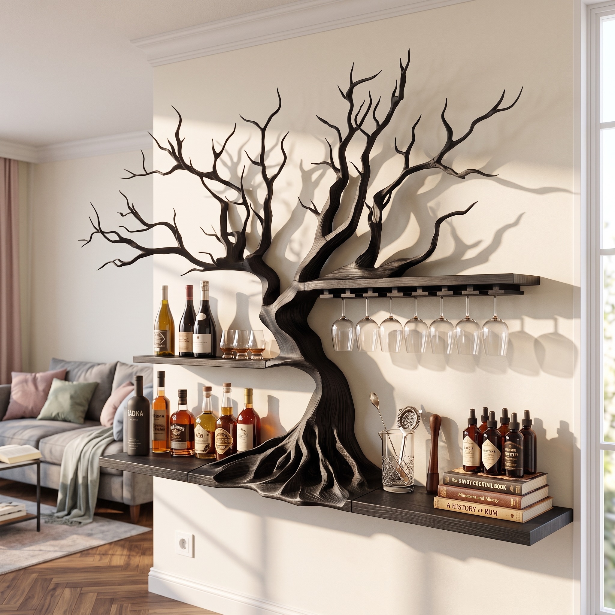 Modern Wooden Wine Rack with Sculptural Tree Frame for Kitchen and Dining Room