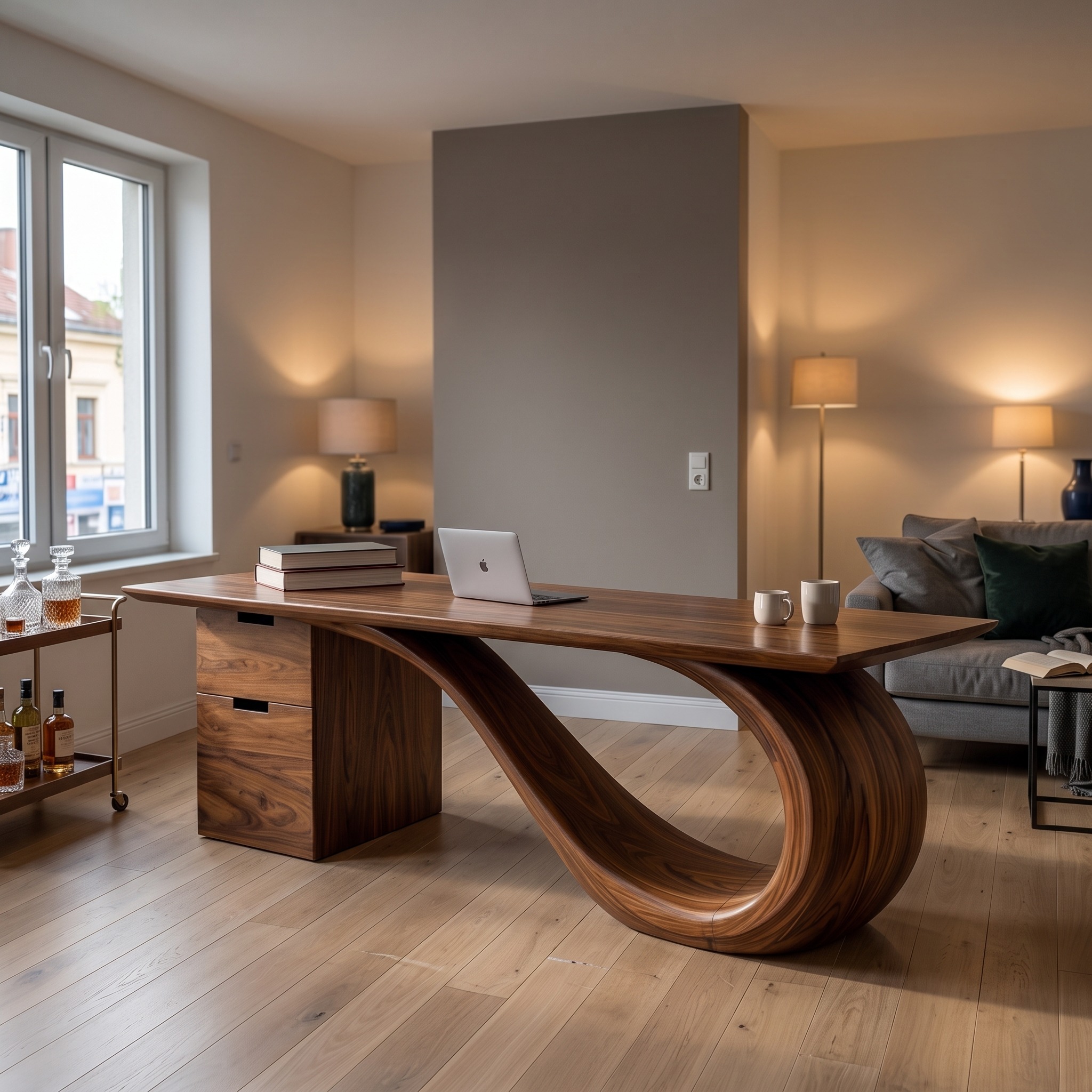 Modern Wooden Writing Desk with Curved Base, Solid Wood Executive Desk for Home Office Workstation & Study