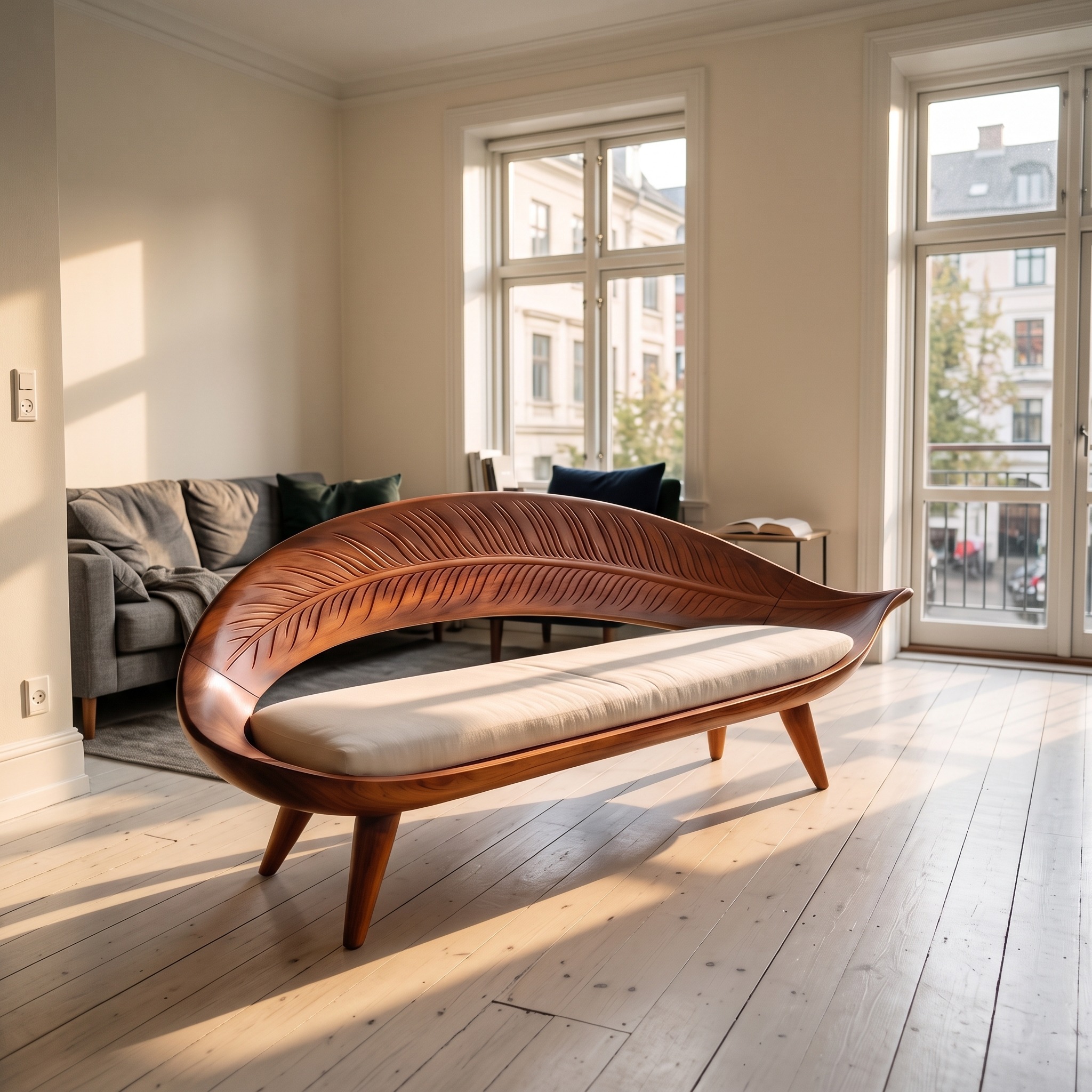 Modern Woven Leaf Shaped Bench, Sculptural Solid Wood Accent Seating for Mudroom, Entryway or Indoor Garden