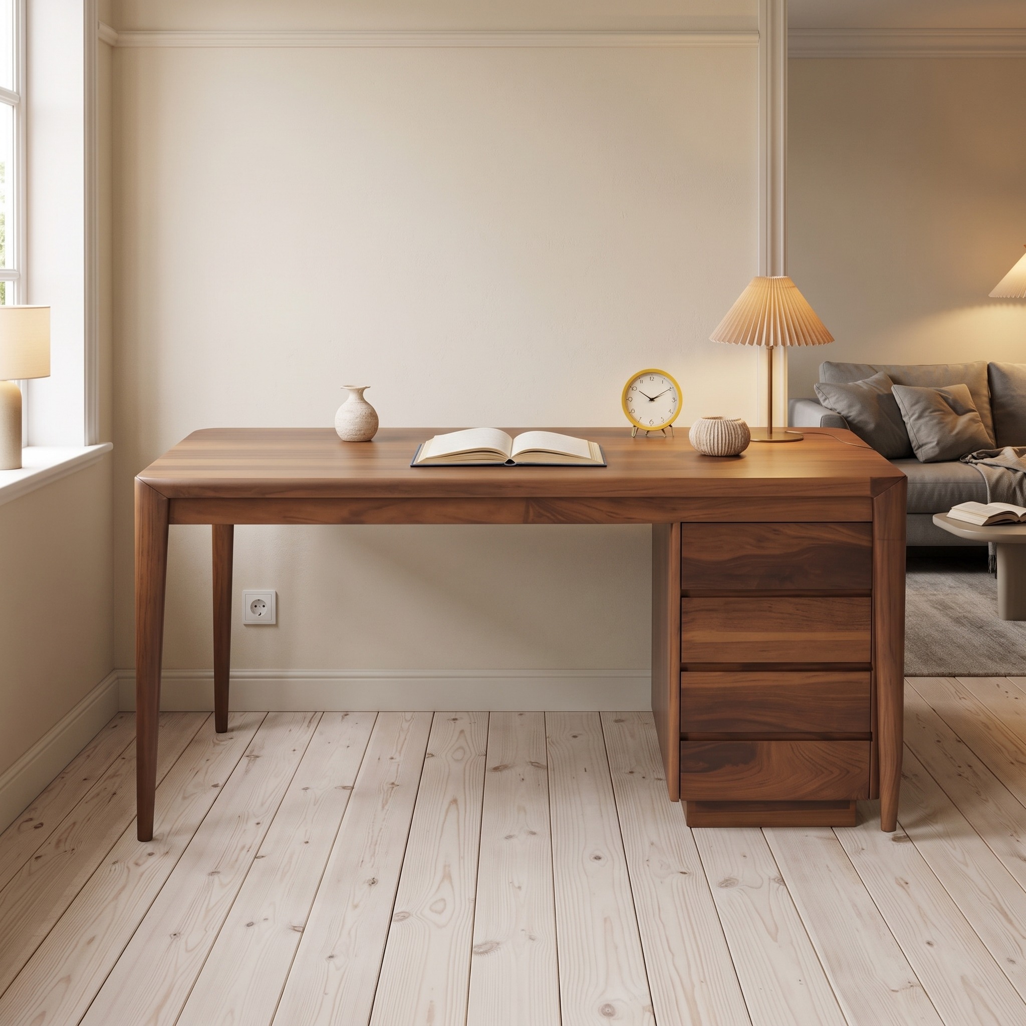 Modern Writing Desk with Drawers, Handcrafted Solid Wood Computer Desk & Workstation for Office Workspace, Model