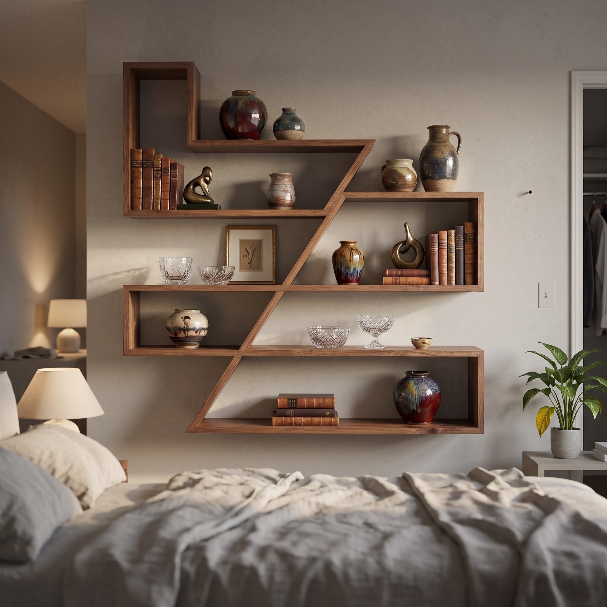 Modern Zigzag Floating Wall Shelf, Solid Wood Geometric Hanging Shelf for Kids Bedroom, Books & Modern Decor Display