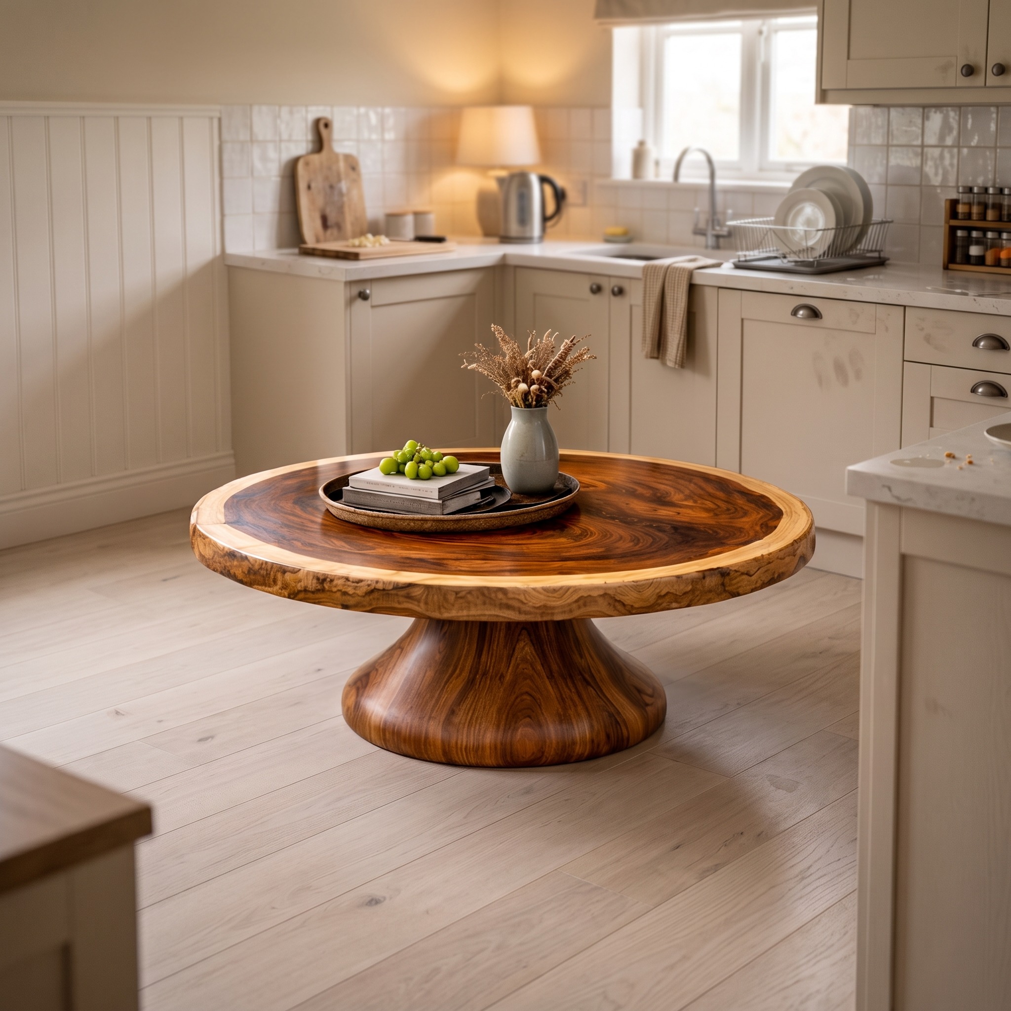 Monumental Pedestal Solid Wood Coffee Table Sculptural Focal Point Sophisticated Living Room Interior