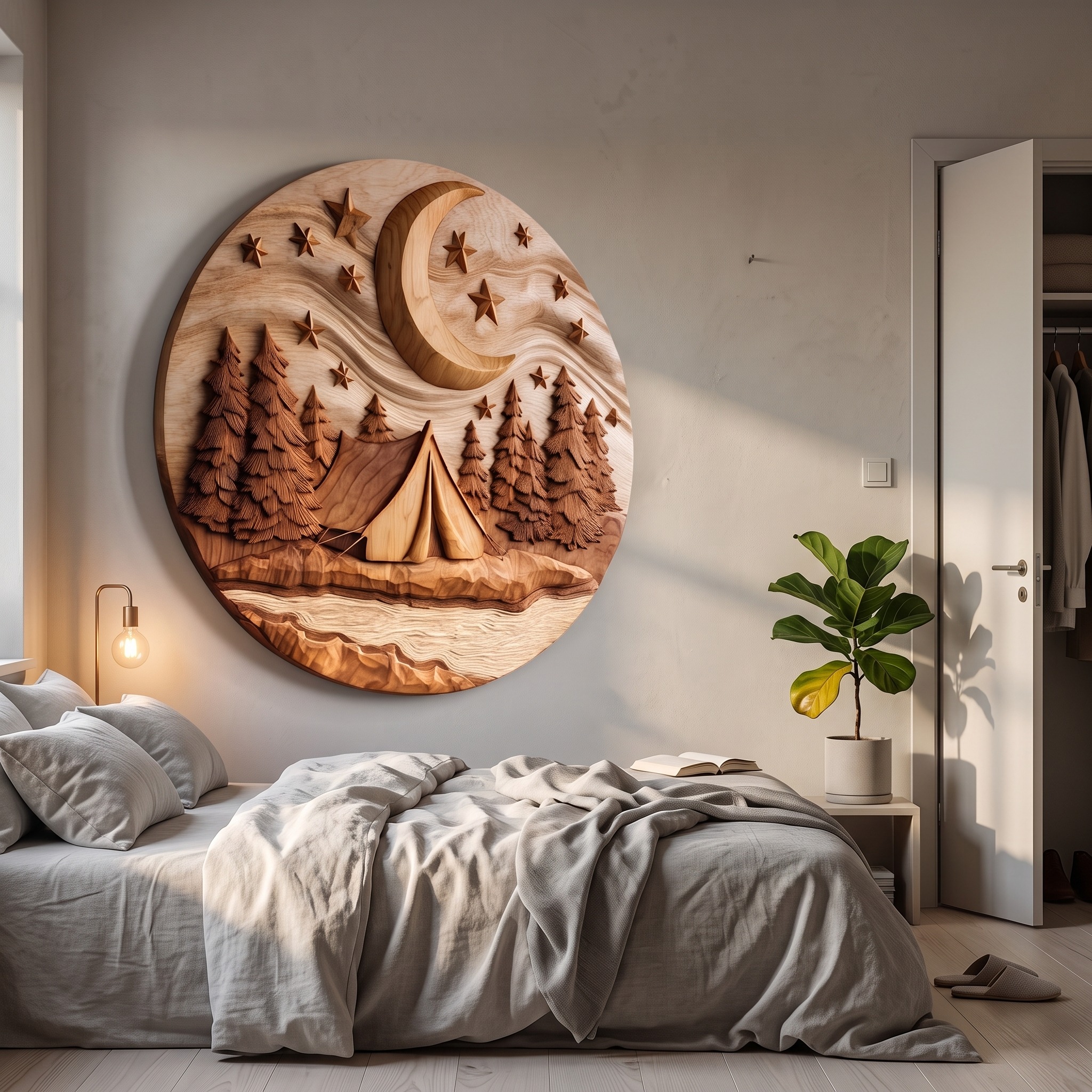 Moonlit Forest Wood Wall Sculpture, Rustic Night Sky Mountain Landscape Wood Wall Decor for Cozy Home & Studio