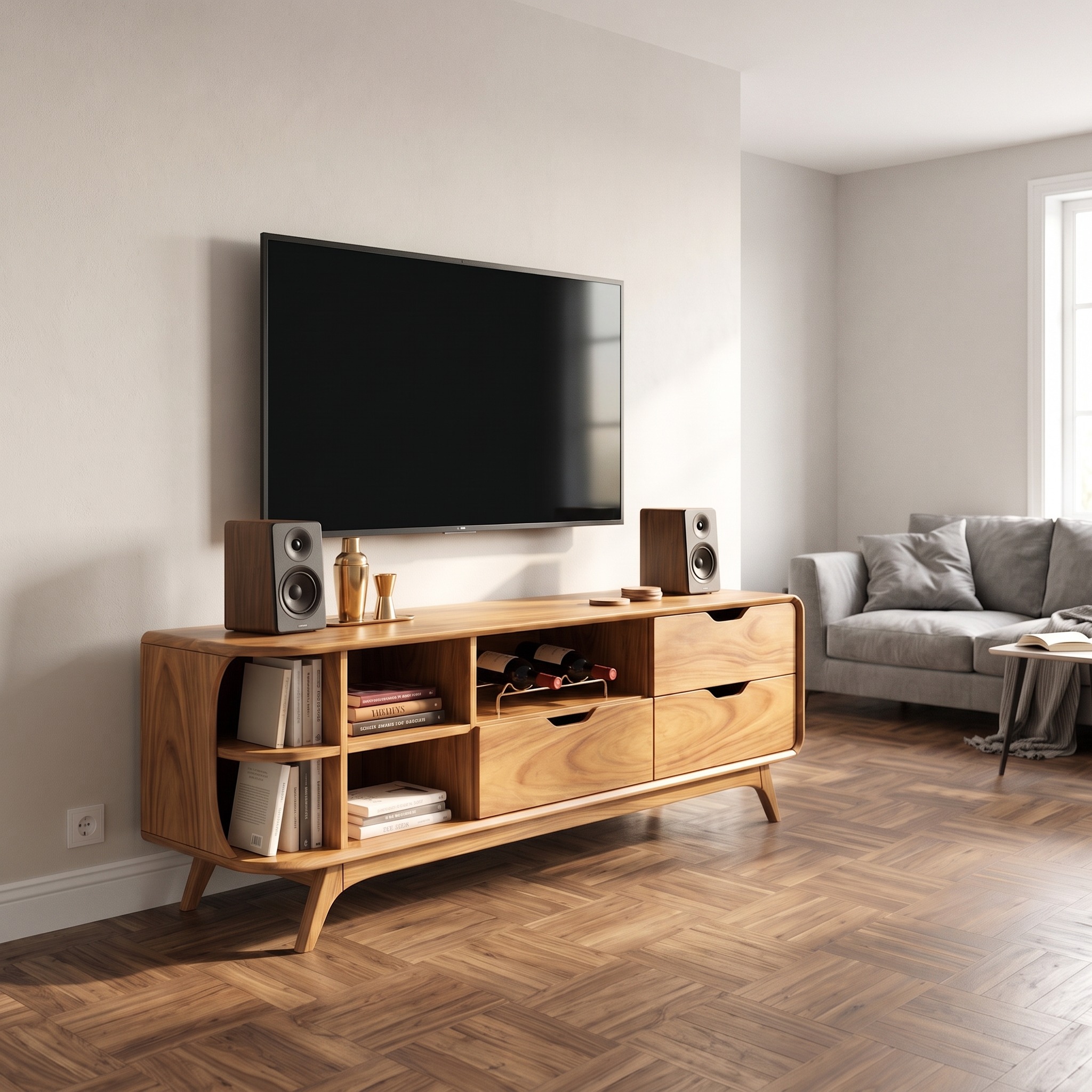 Mountain Carved Media Console, Rustic Solid Wood TV Stand & Artistic Entertainment Cabinet