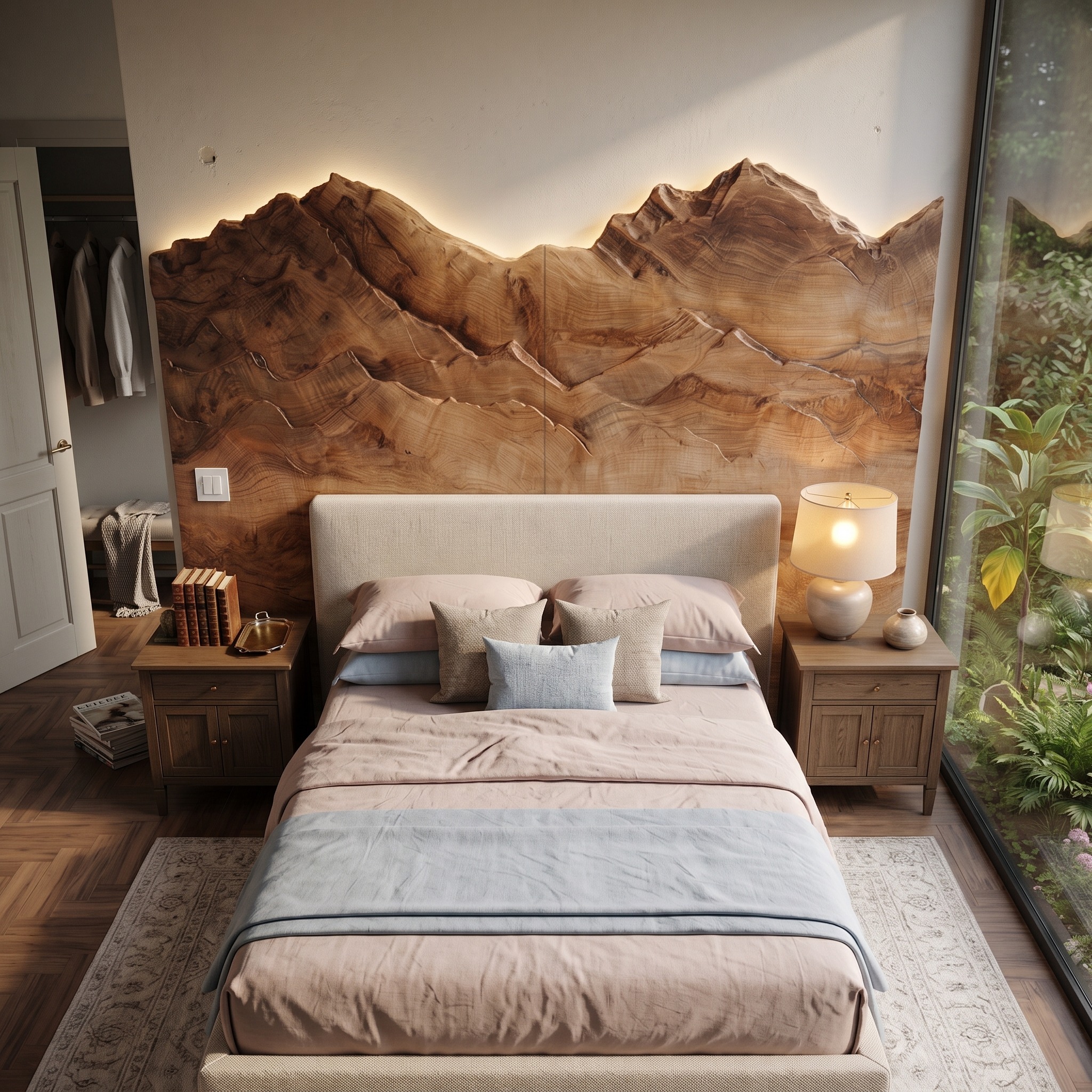 Mountain Relief Wood Headboard, Handcrafted 3D Sculpted Forest Landscape Bed Headboard Panel for King & Queen Beds