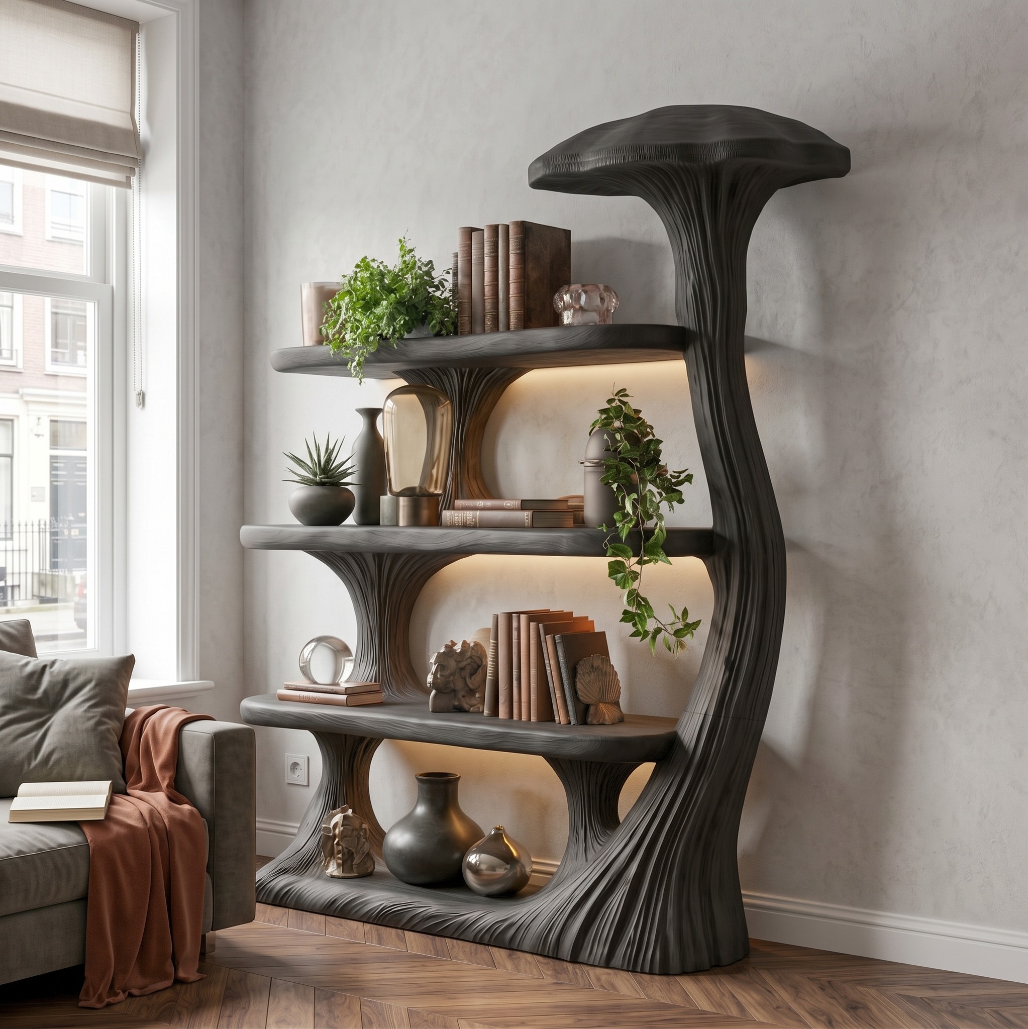 Mushroom Bookshelf Wooden Bookcase Display Shelf for Living Room Bedroom Decor