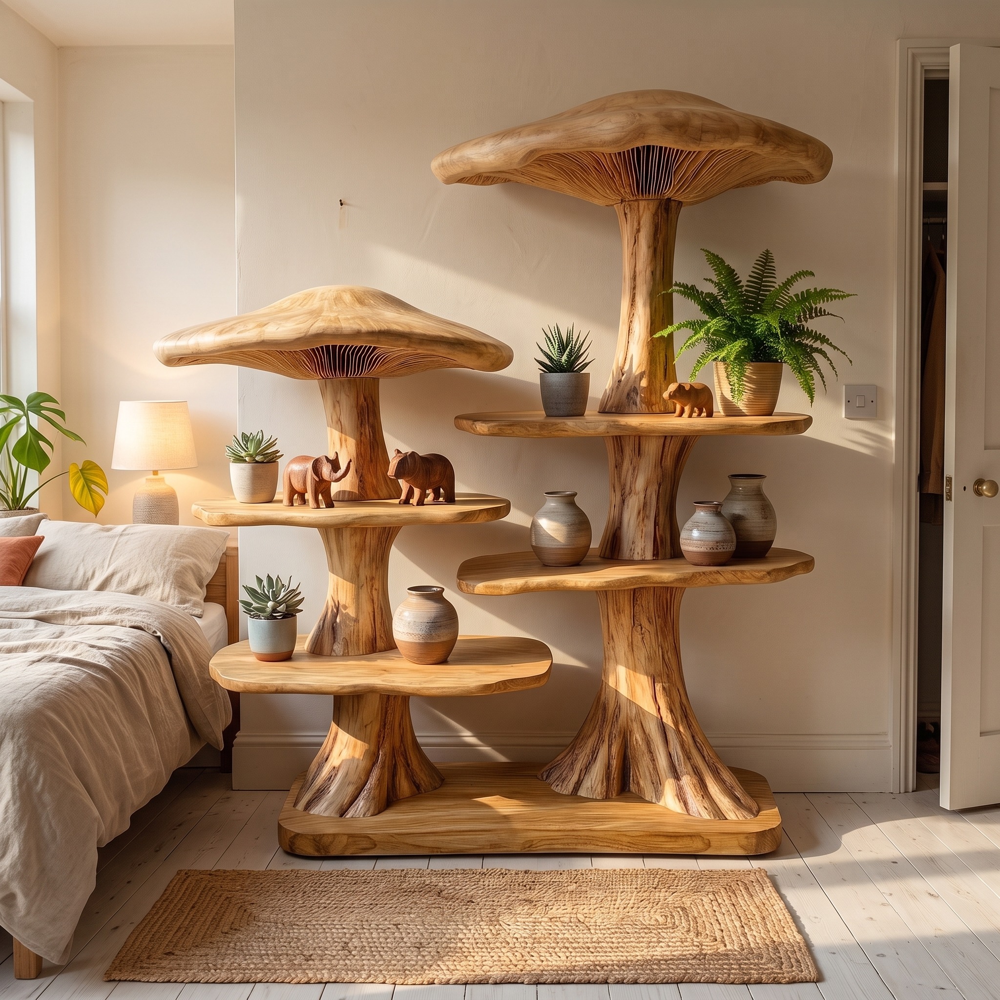 Mushroom Tree Bookshelf with Handcrafted Solid Wood Structure for Reading Corner