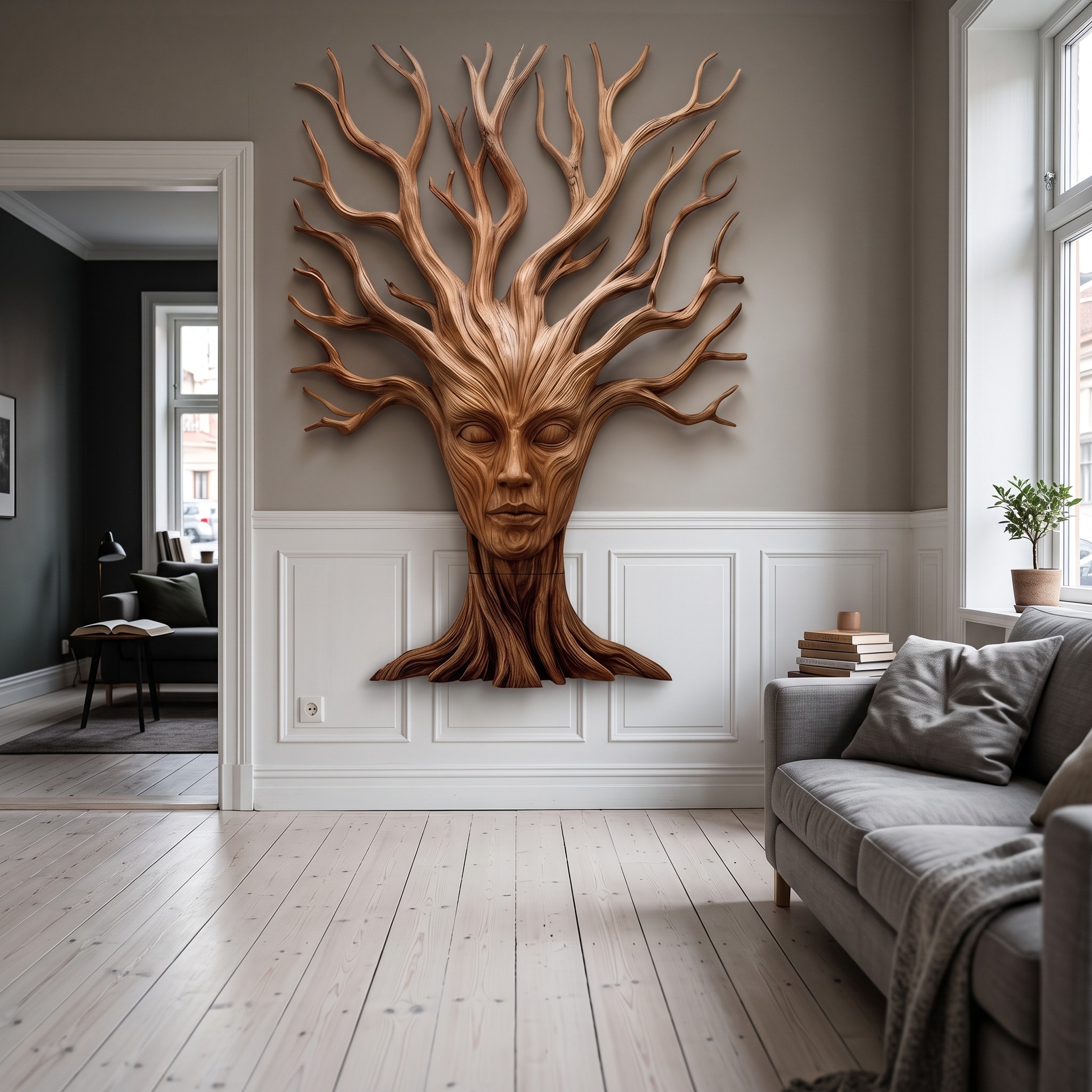 Mystical Tree Spirit Wooden Wall Art, Hand-Carved Sculptural Face Design Decor for Entryway & Living Room