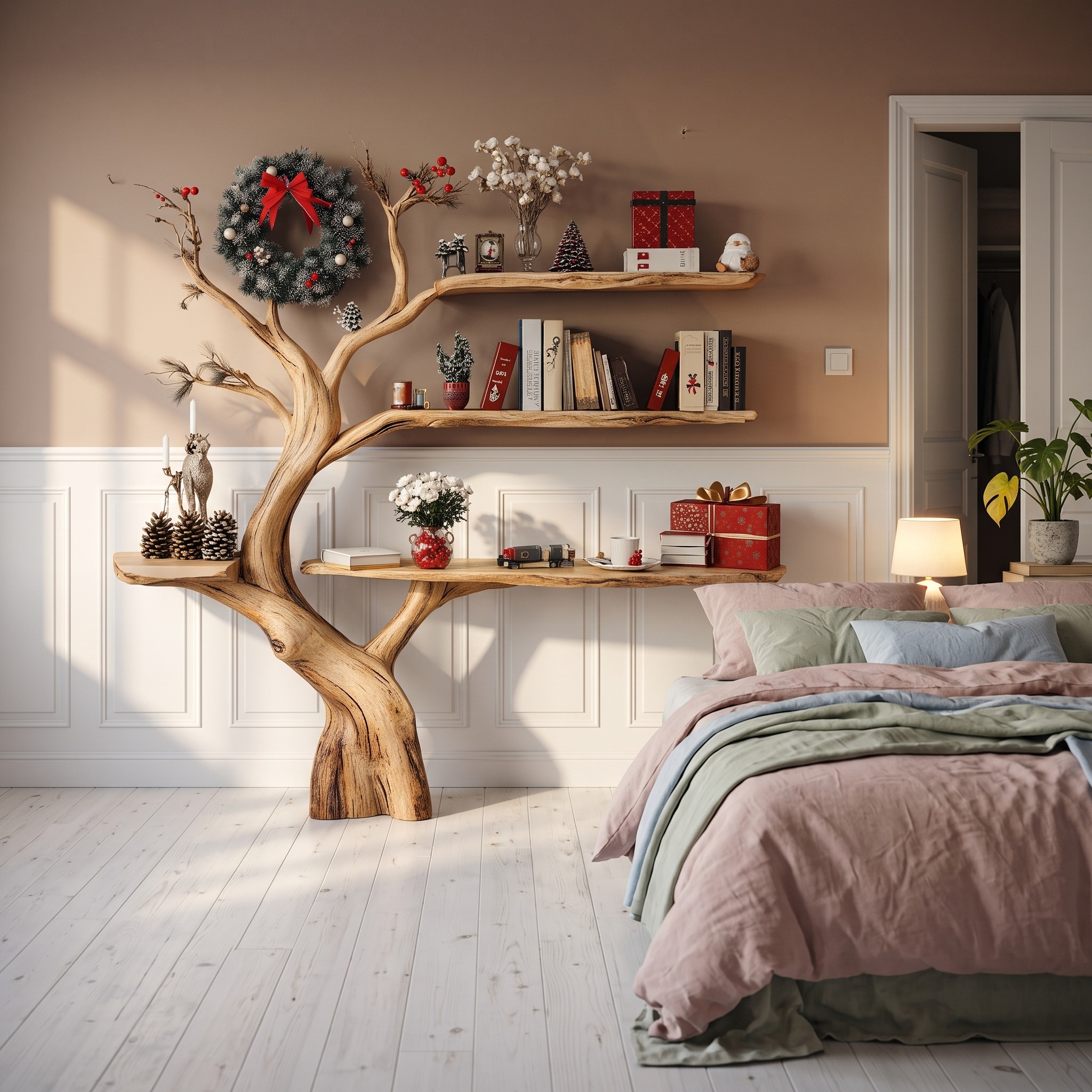 Narrow Console Table with Tree Bookshelf Accent Table