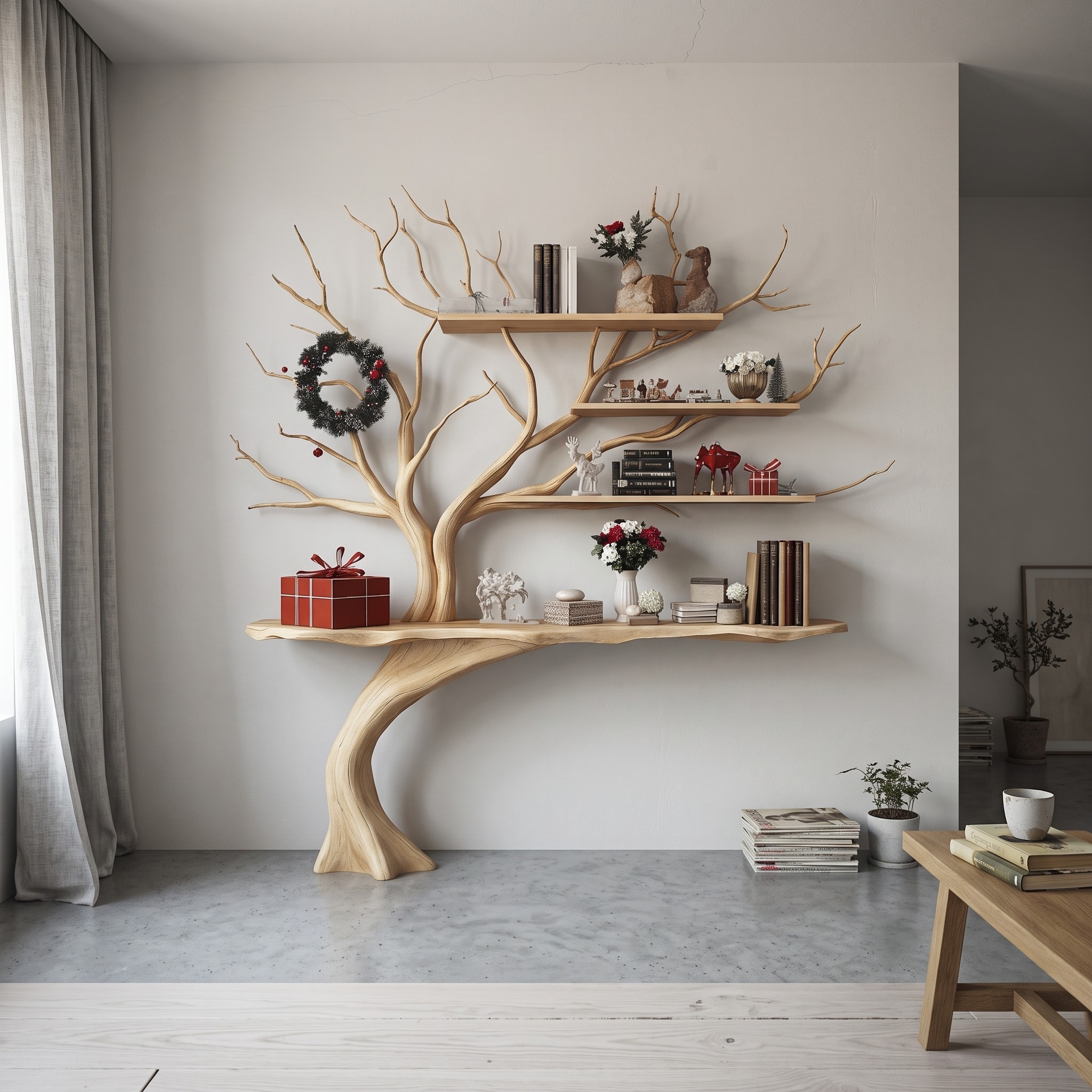 Narrow Console Table with Tree Branch Shelves