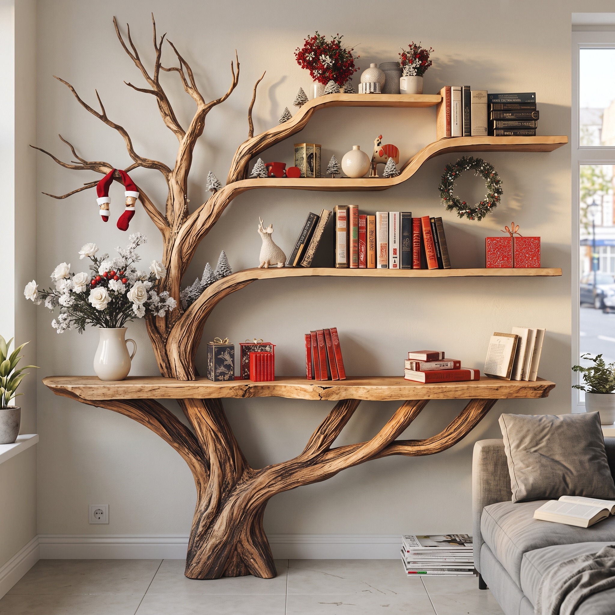 Narrow Floating Live Edge Side Table with Tree Bookshelf