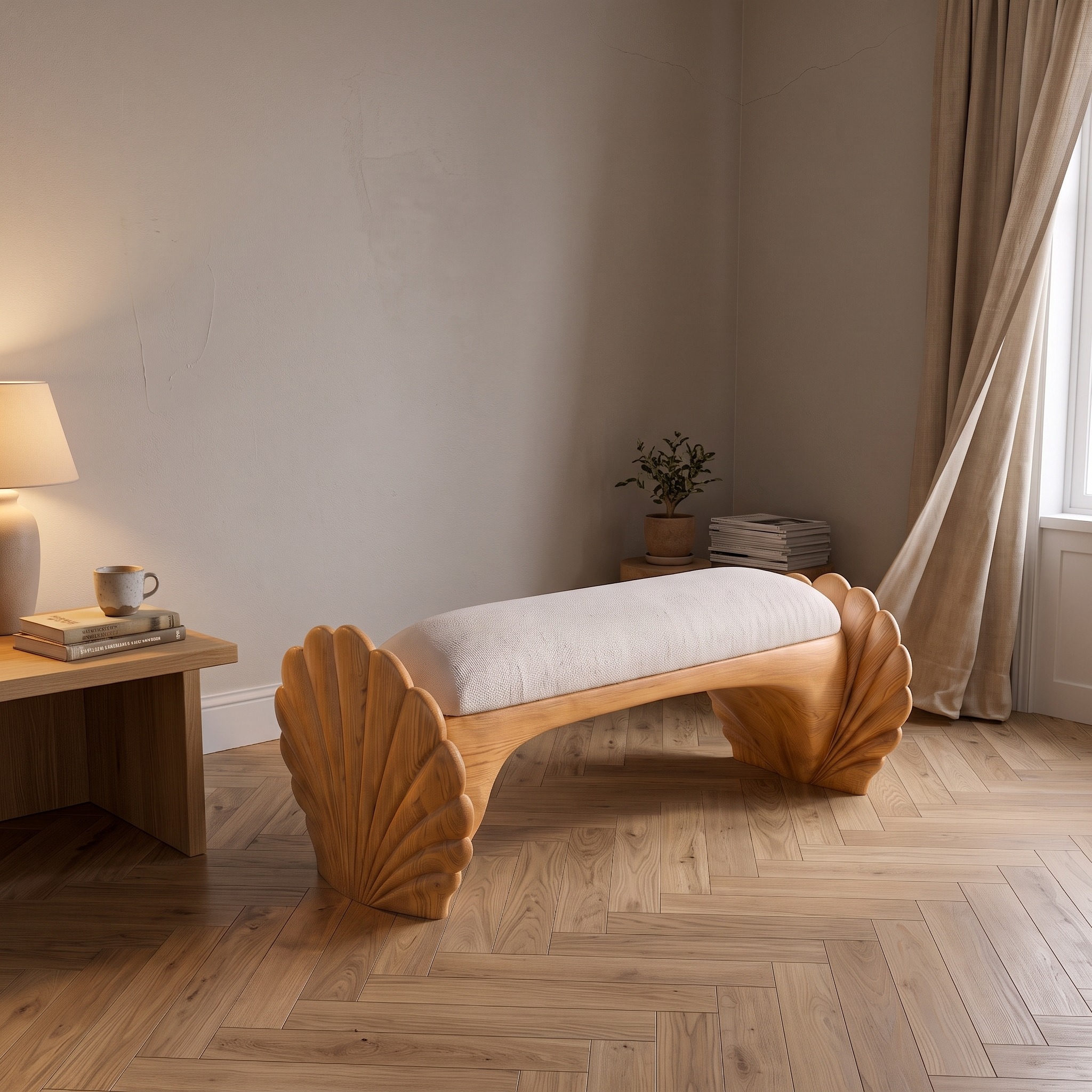 Natural Accent Bench with Seashell Carved Design for Bedroom