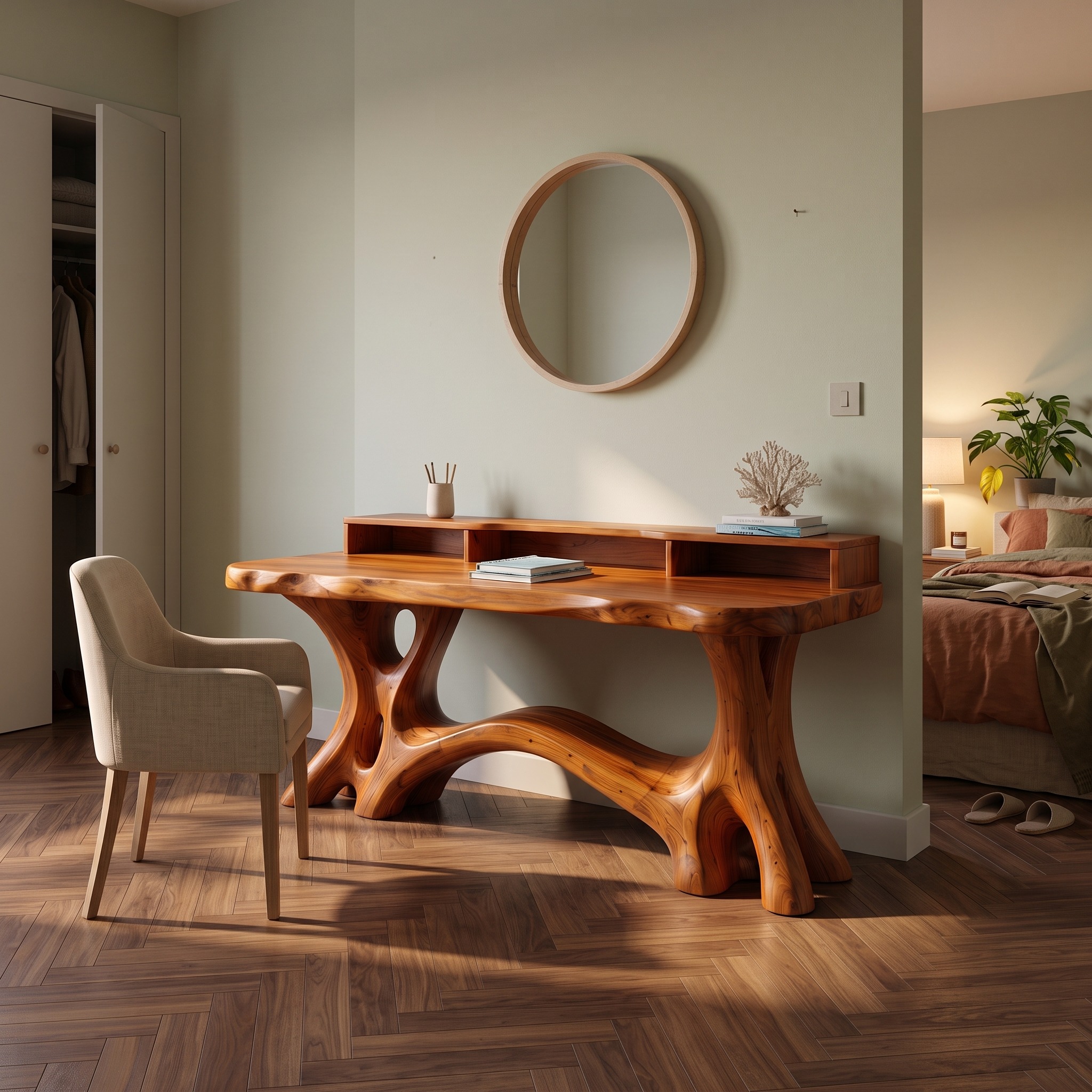 Natural Bookcase Desk with Tree Inspired Upper Storage for Study Room
