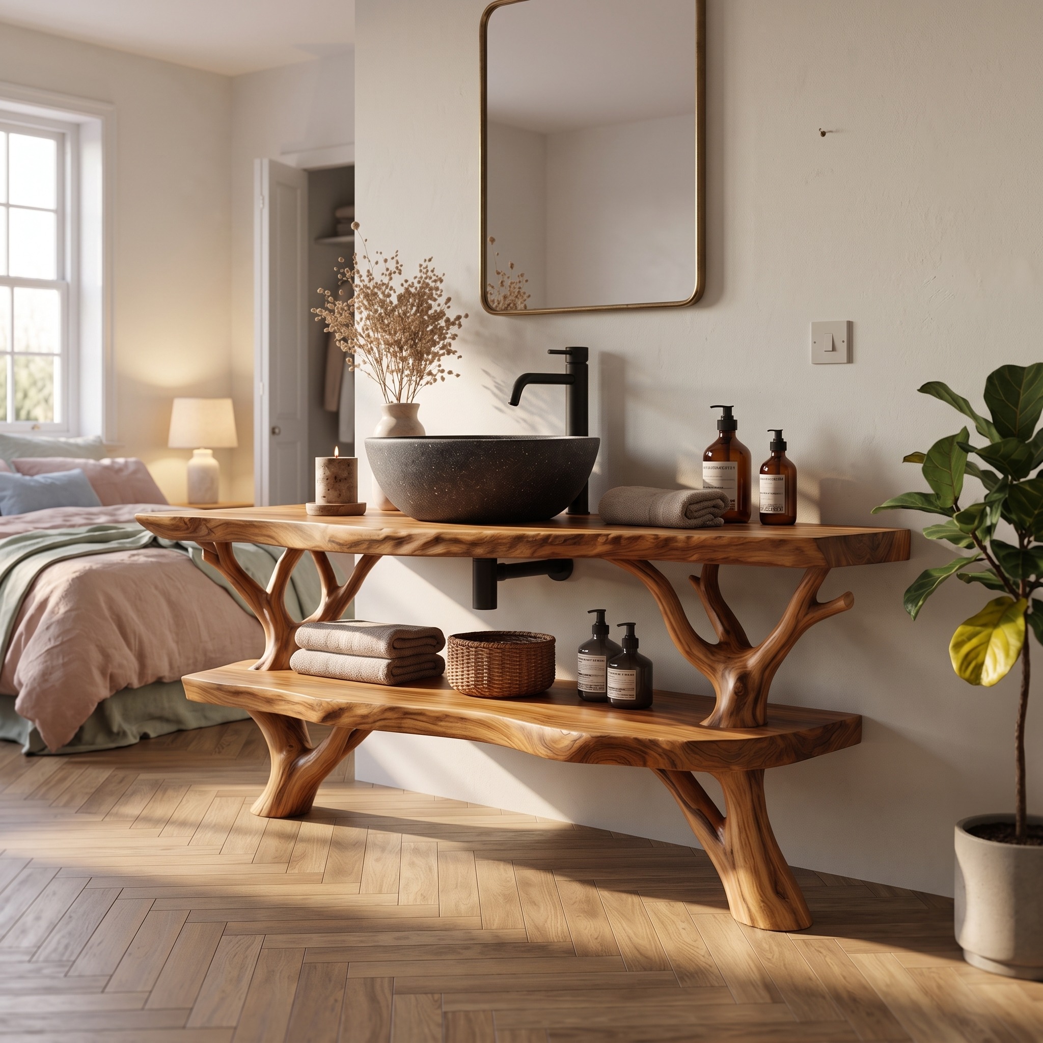 Natural Branch Bathroom Vanity Freestanding Sink Console