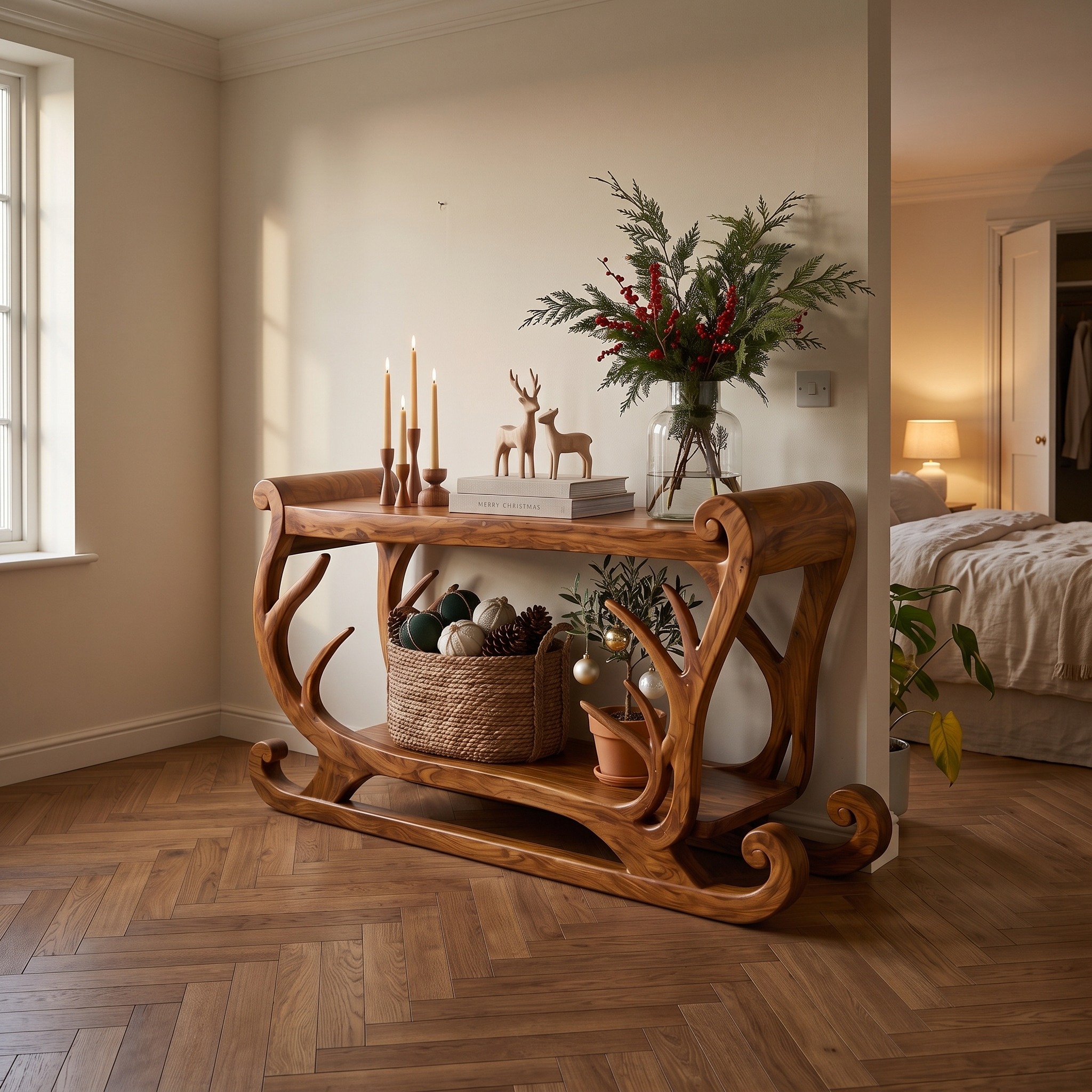 Natural Christmas Console Table with Reindeer Sleigh Design for Entryway