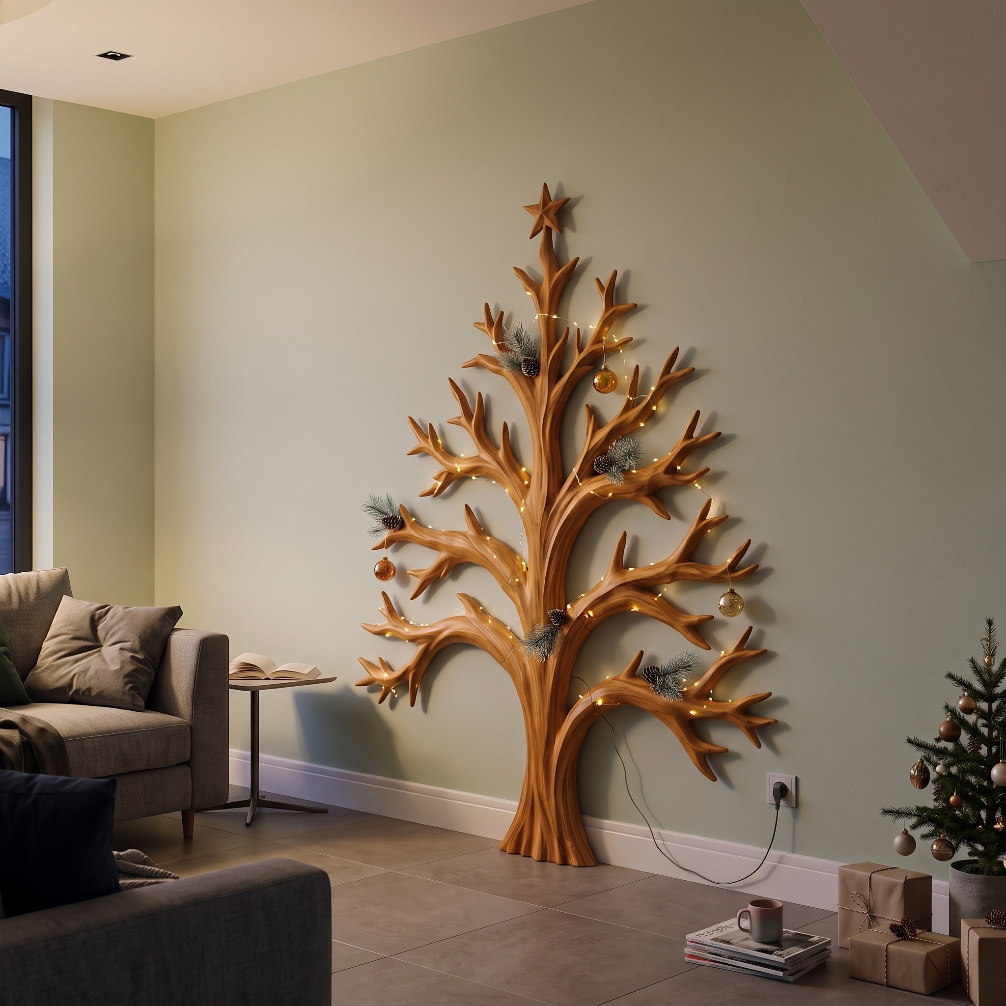 Natural Christmas Tree Wall Decor with Twisted Tree Branches for Entryway