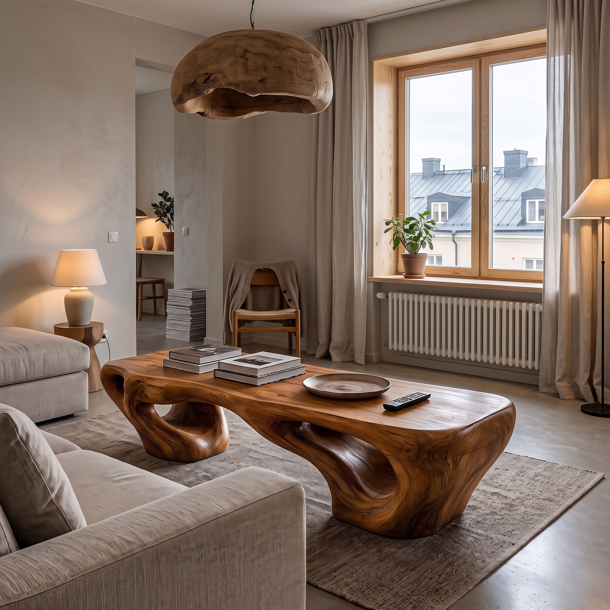 Natural Coffee Table with Carved Tree Stump Form for Living Room and Sitting Room