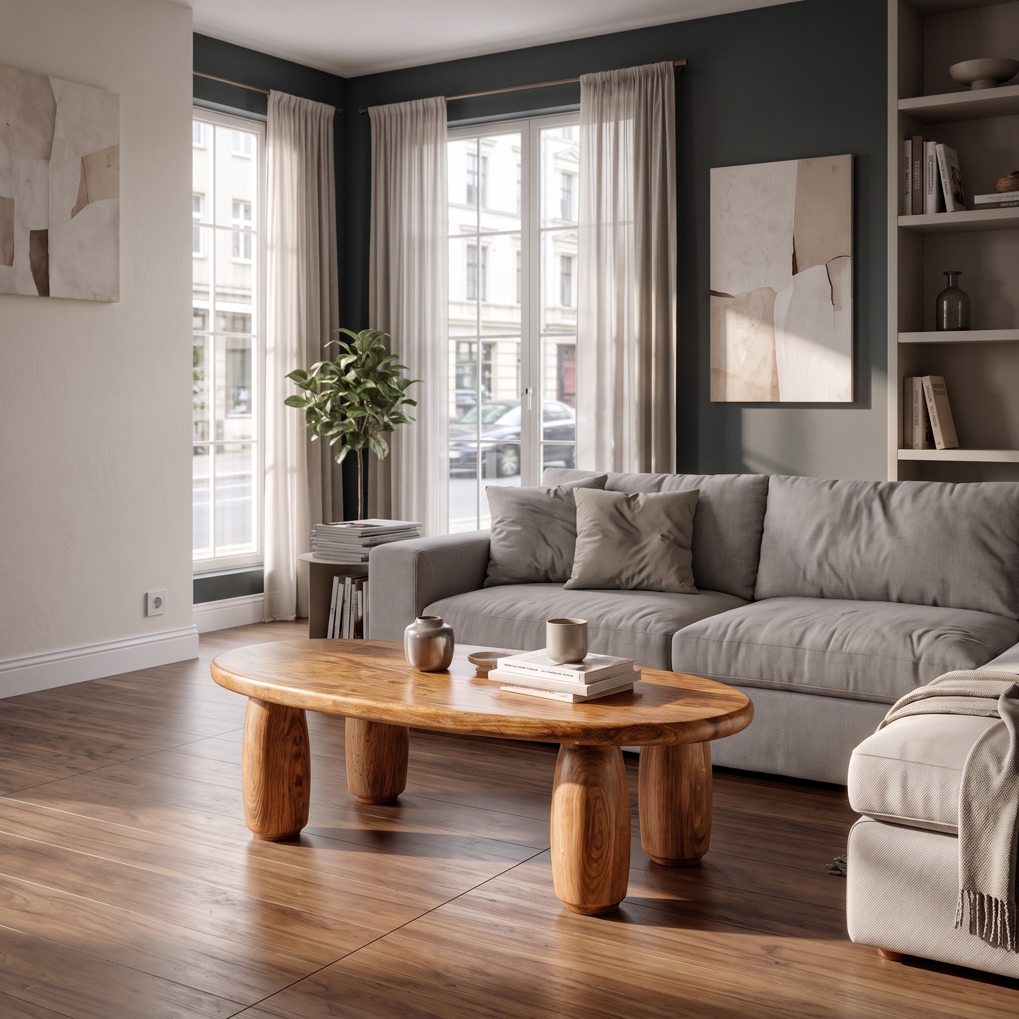 Natural Coffee Table with Organic Rounded Base for Living Room and Family Room