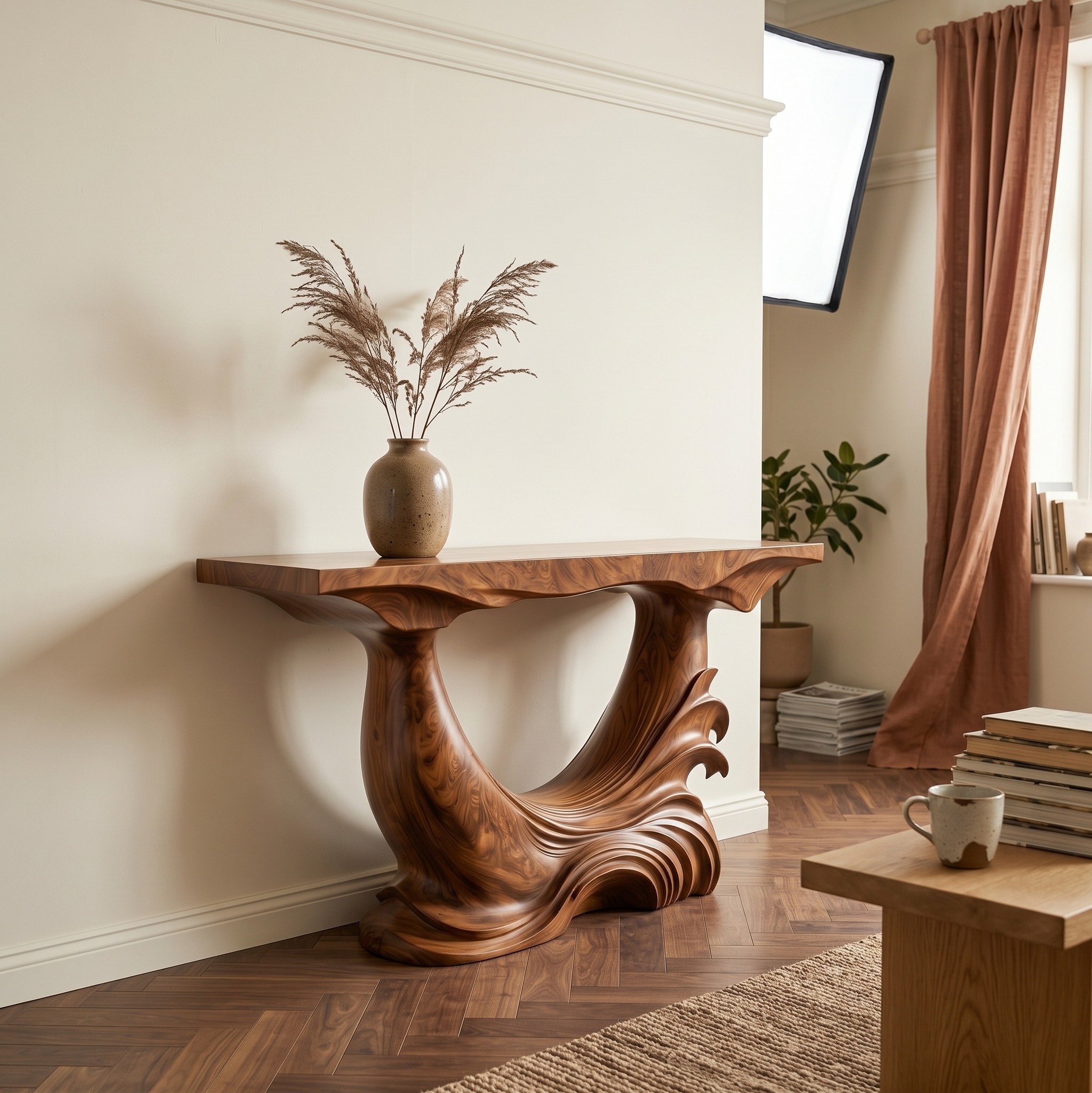 Natural Console Table, Flowing Wood Sculpture Entryway Sofa Table, Handcrafted Hallway Table for Modern Home