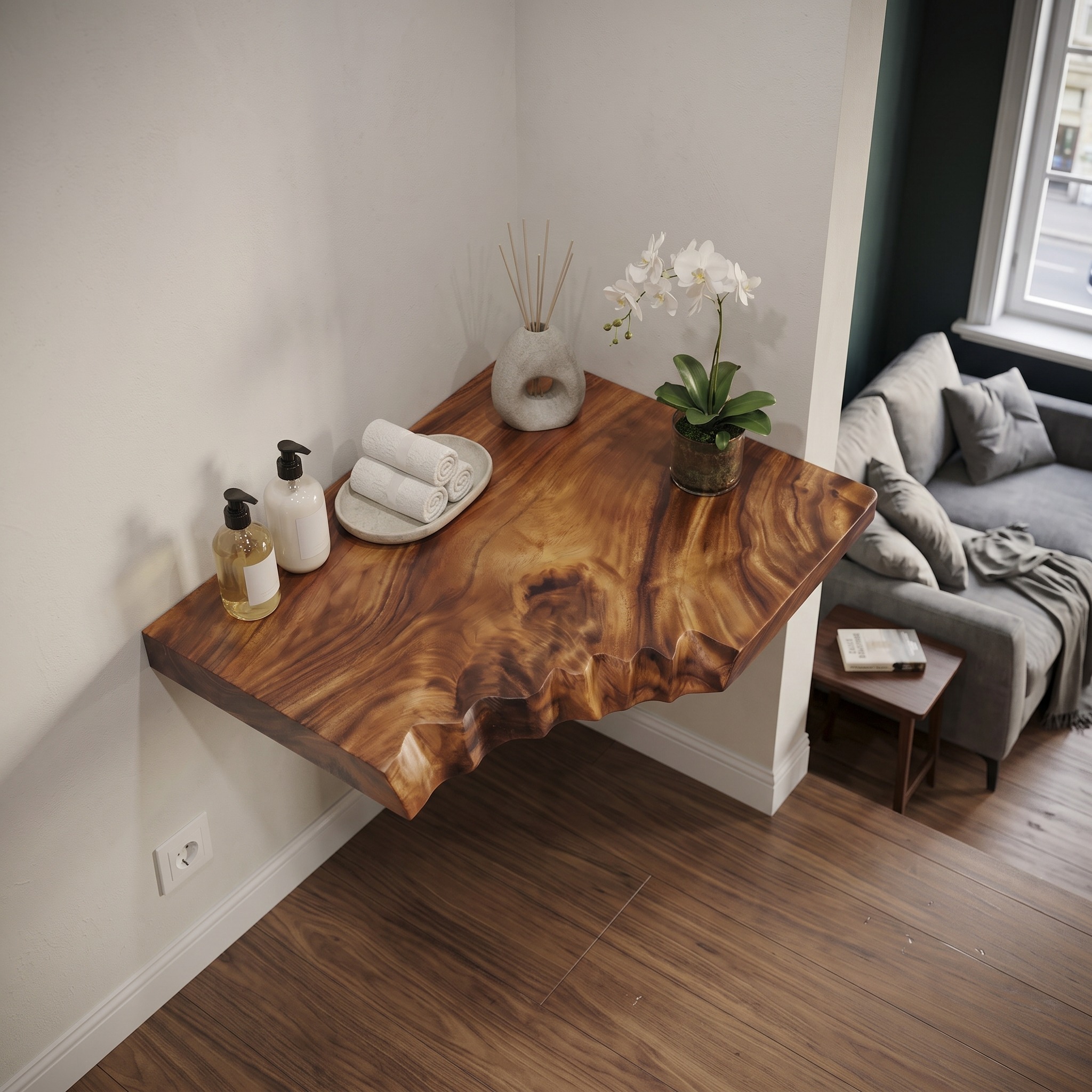 Natural Corner Shelf, Rustic Solid Wood Wall-Mounted Display Rack for Living Room & Bedroom