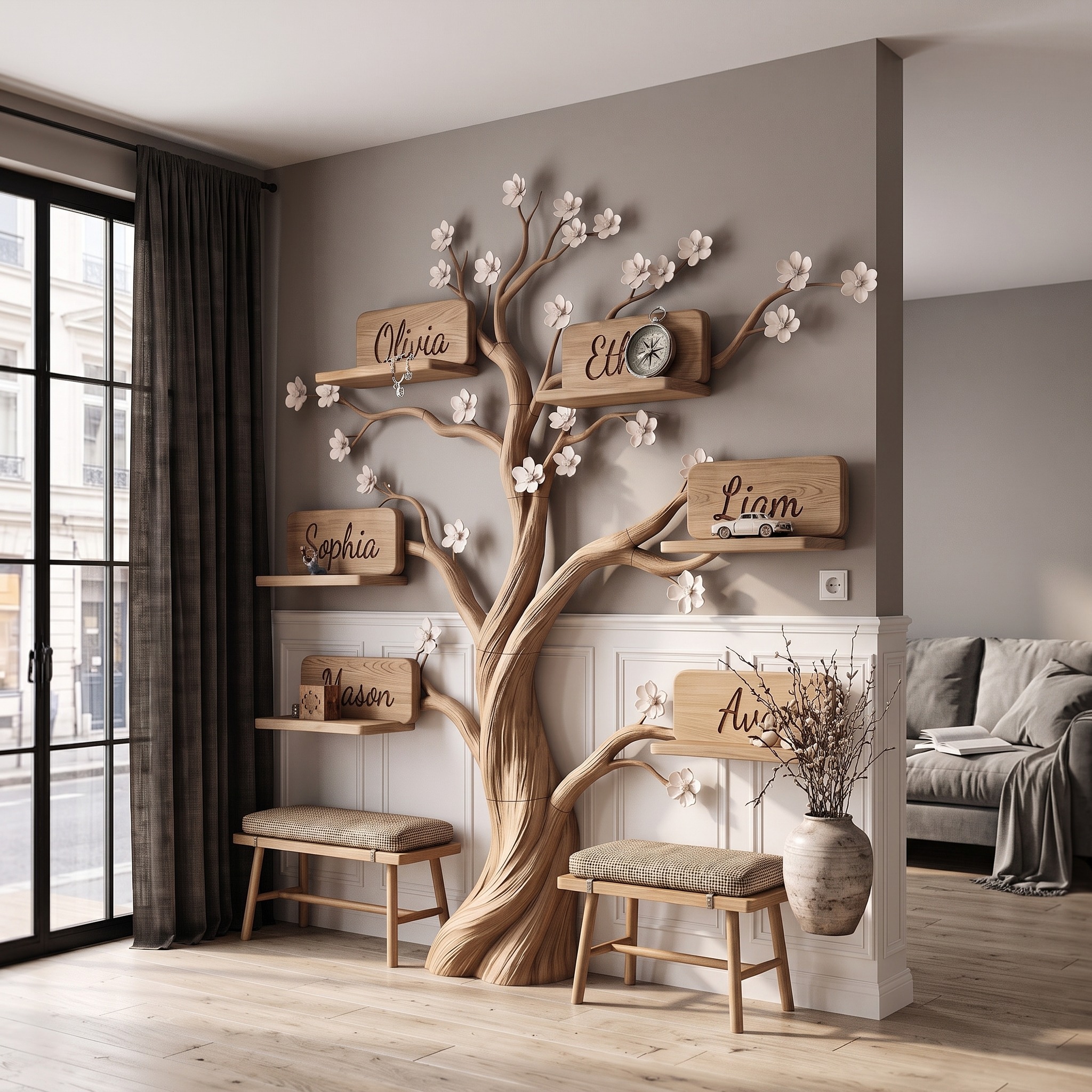Natural Custom Family Tree Shelf with Heart Name Plaques for Living Room and Entryway