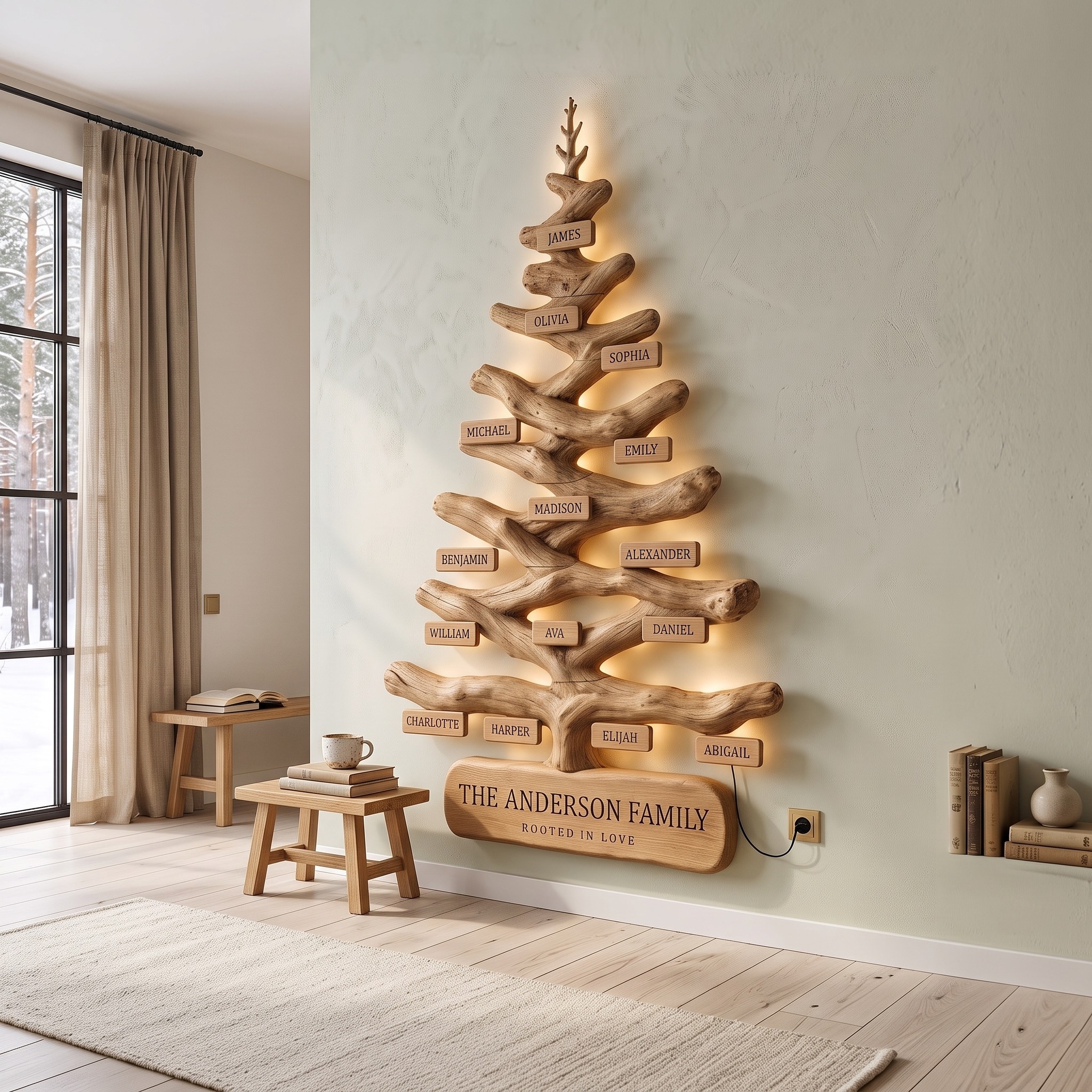 Natural Custom Family Tree Wall Art with Personalized Name Design for Living Room and Hallway