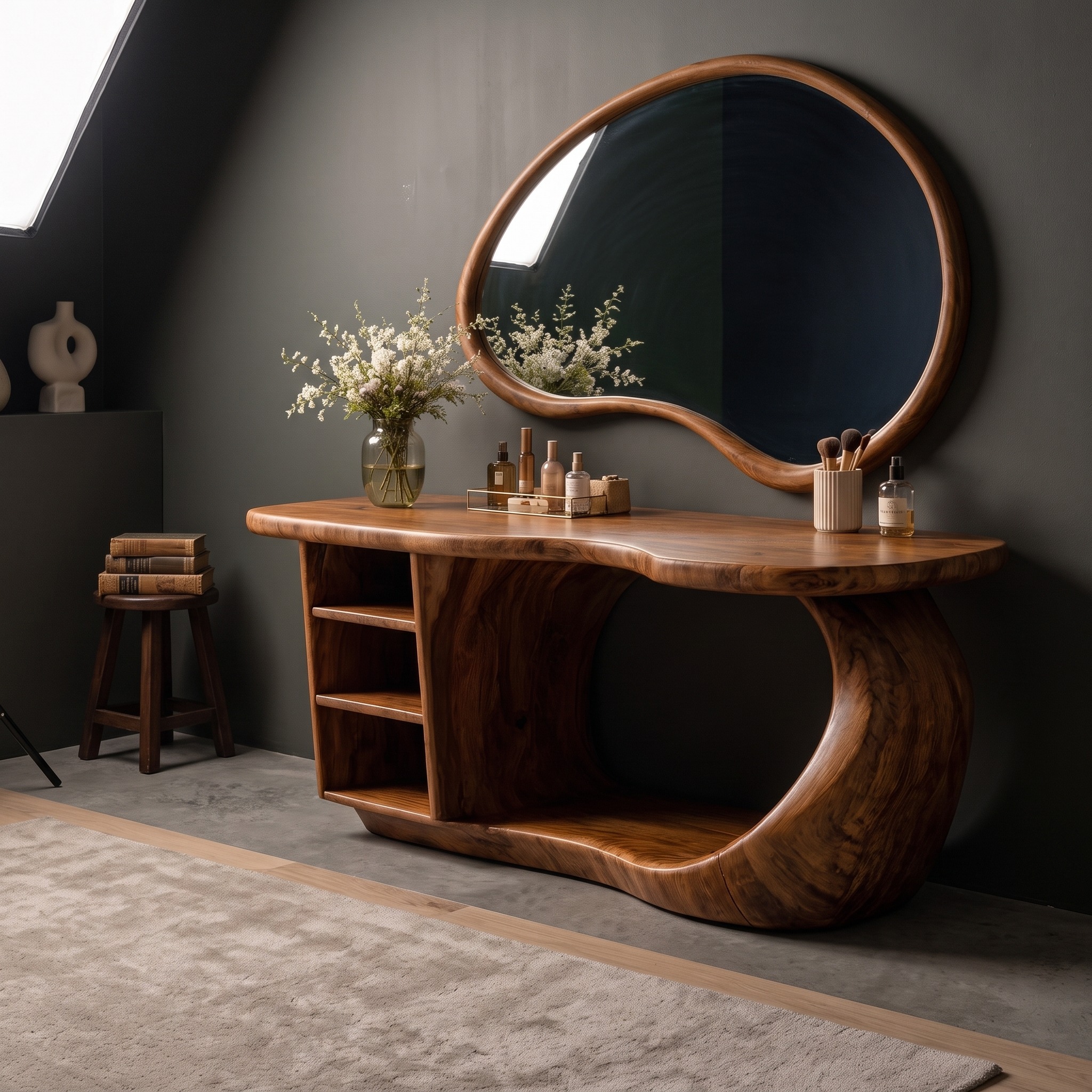 Natural Dressing Table with Sculptural Open Drawer Design for Bedroom and Dressing Room