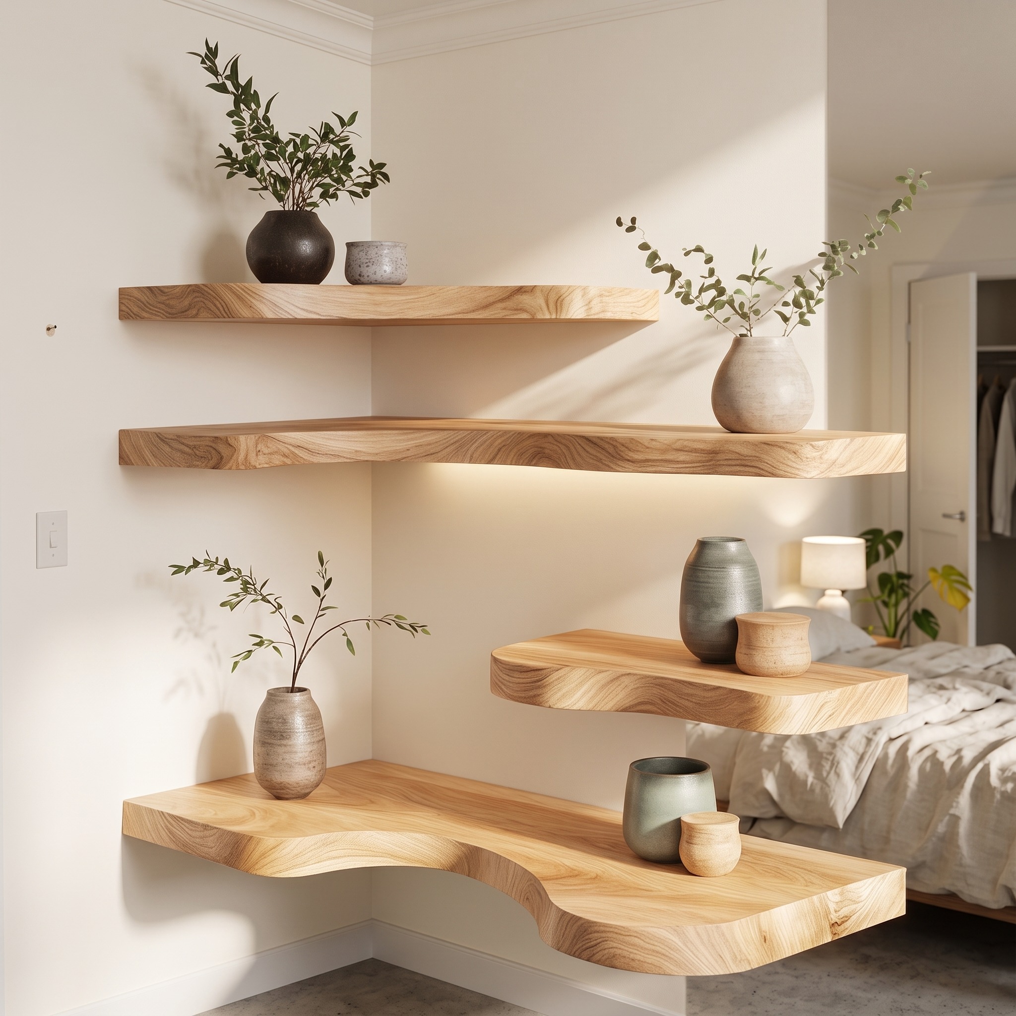 Natural Edge Solid Wood Corner Floating Shelves Calm Modern Interior Decor