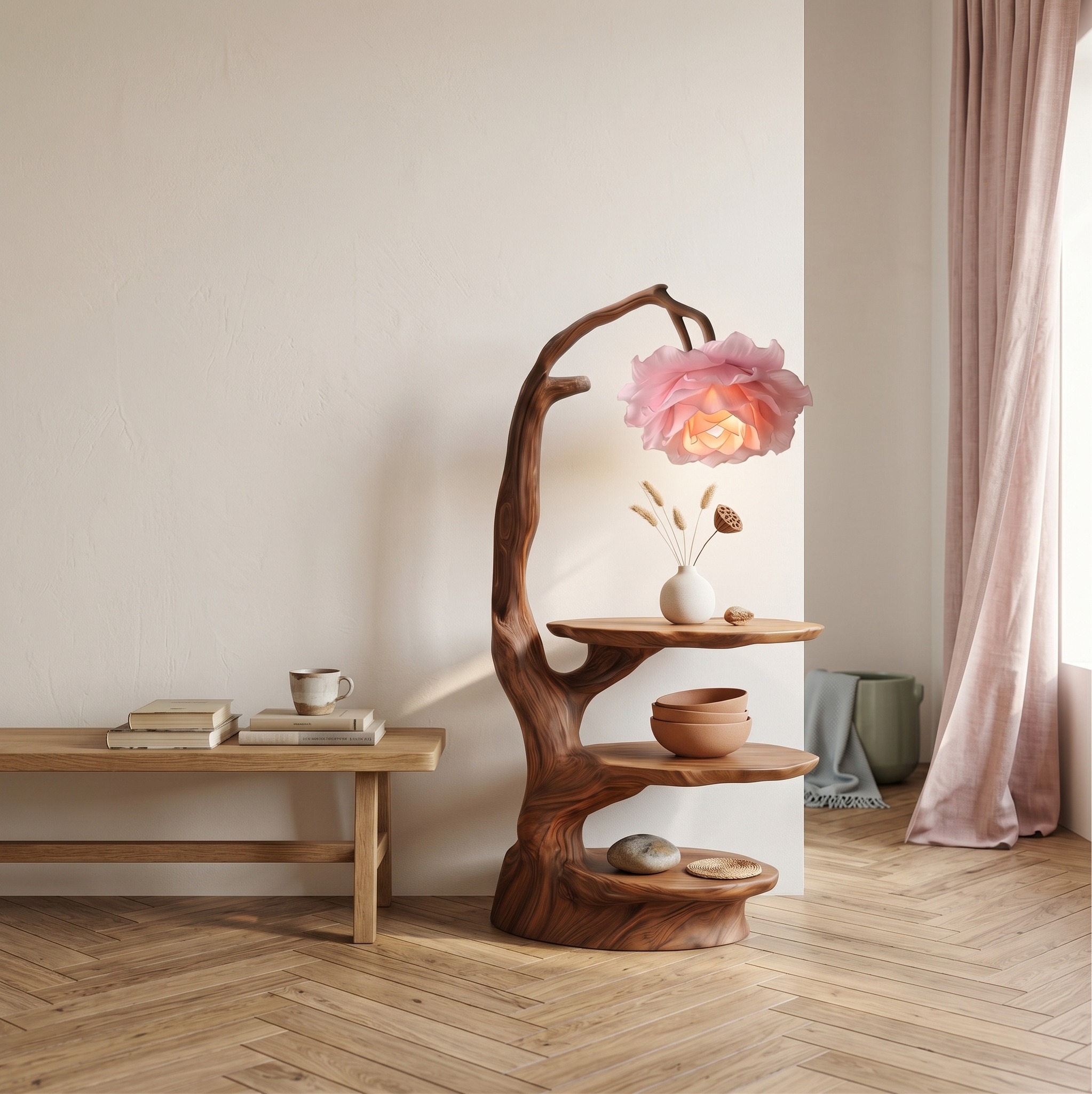 Natural End Table with Tree Branch Base & Integrated Flower Lamp, Solid Wood Bedside Table Nightstand