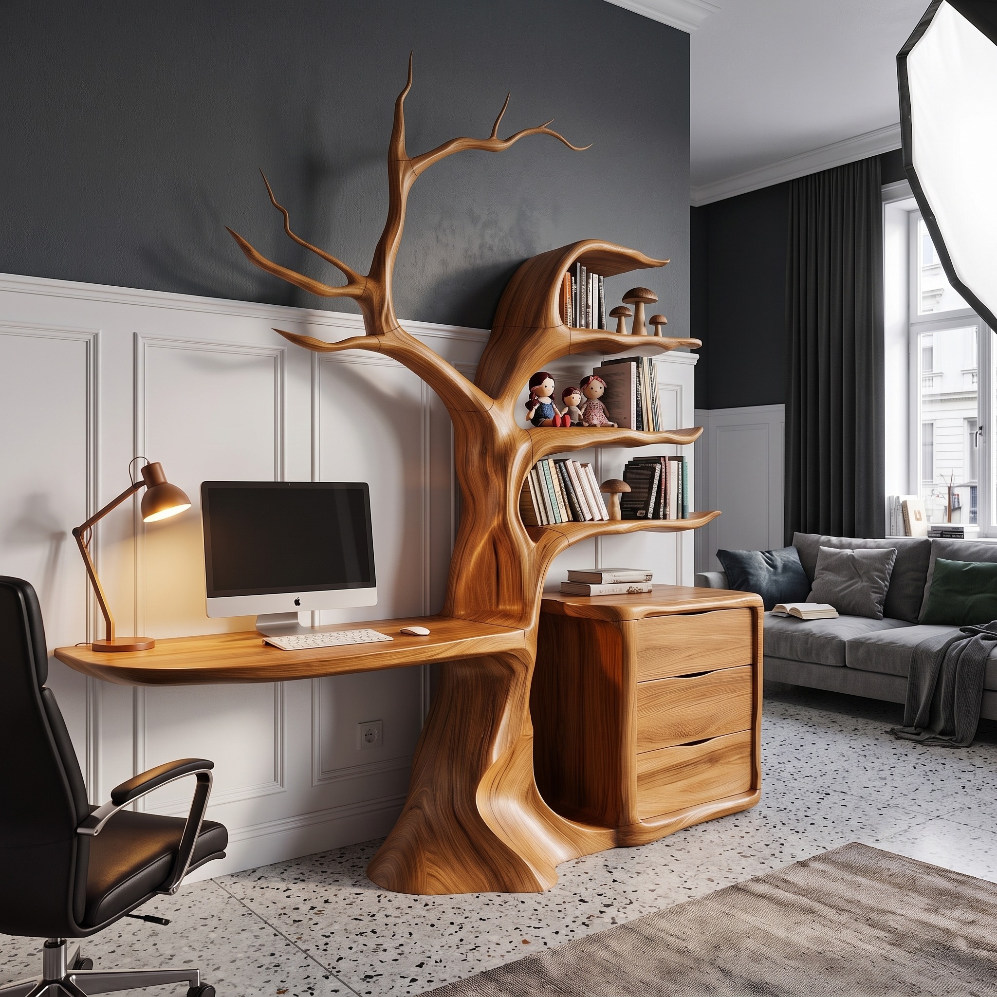 Natural Floating Desk with Sculptural Tree Bookshelf for Home Office
