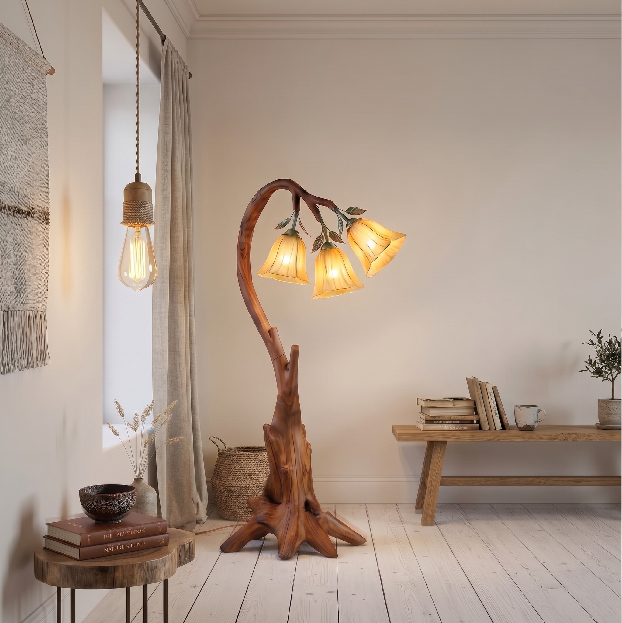 Natural Floor Lamp, Blooming Floral Wood Standing Light for Bedroom & Cozy Reading Nook Decor