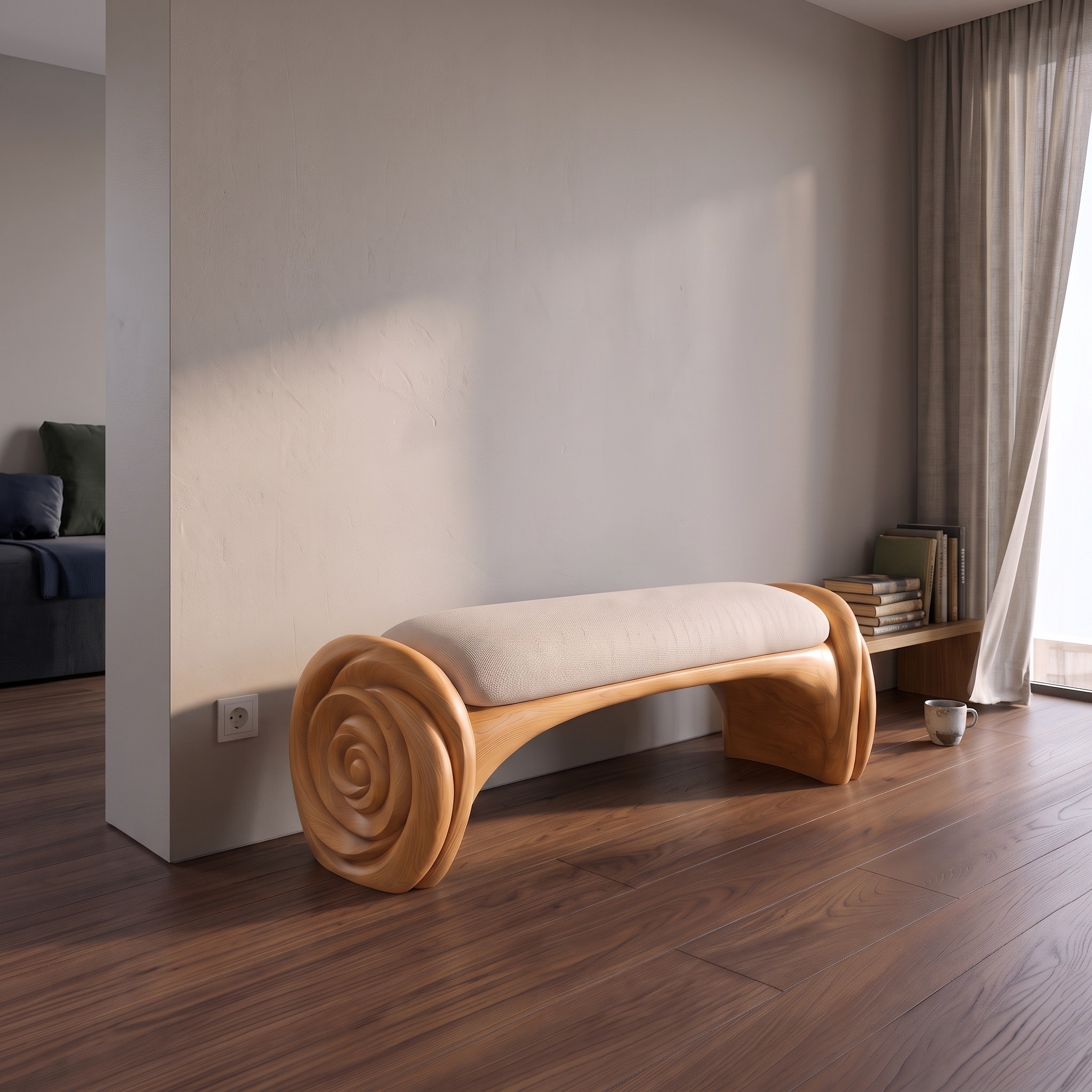 Natural Halloween Accent Bench with Carved Petal Form Legs for Dressing Room