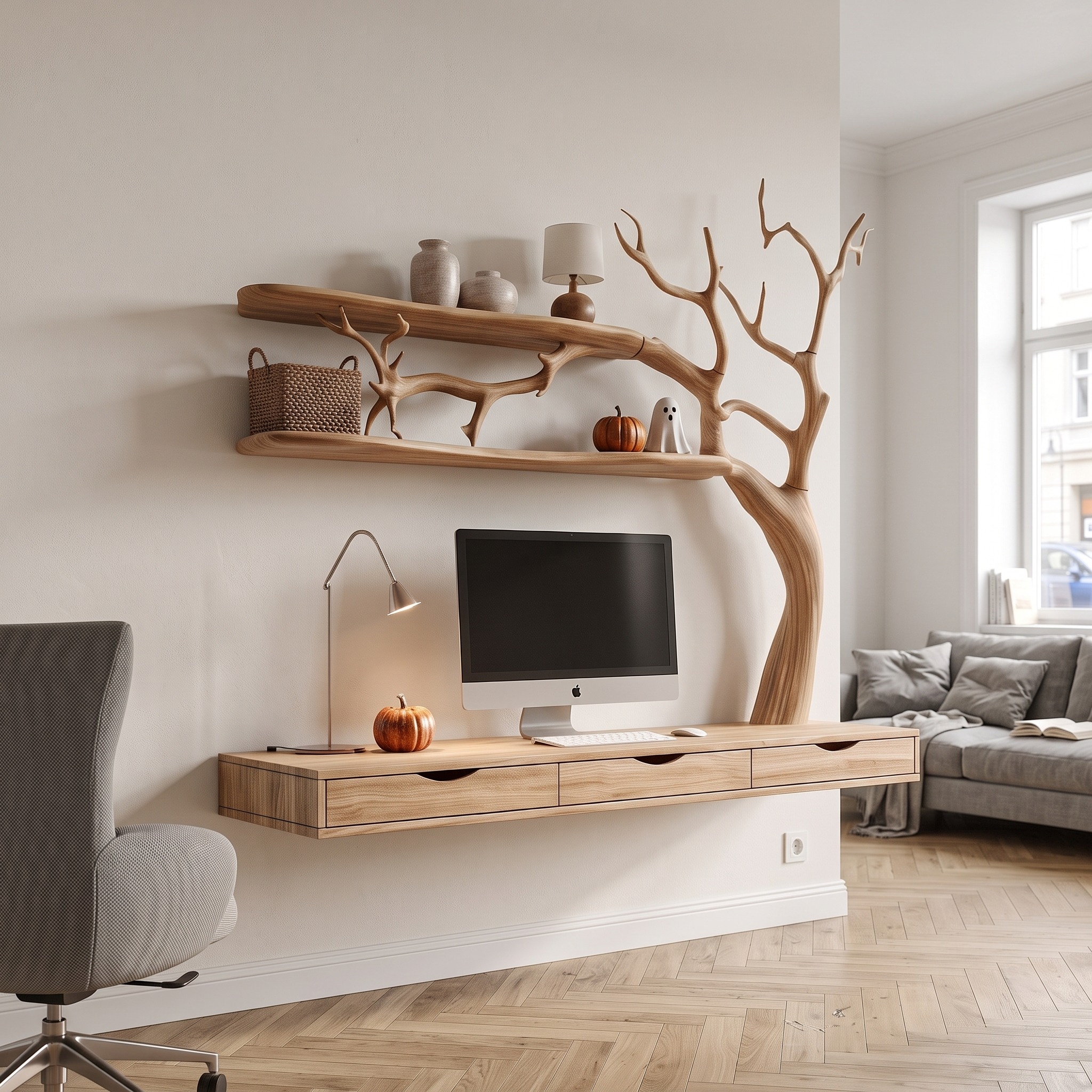 Natural Halloween Desk with Drawers and Spooky Branch Design for Home Office