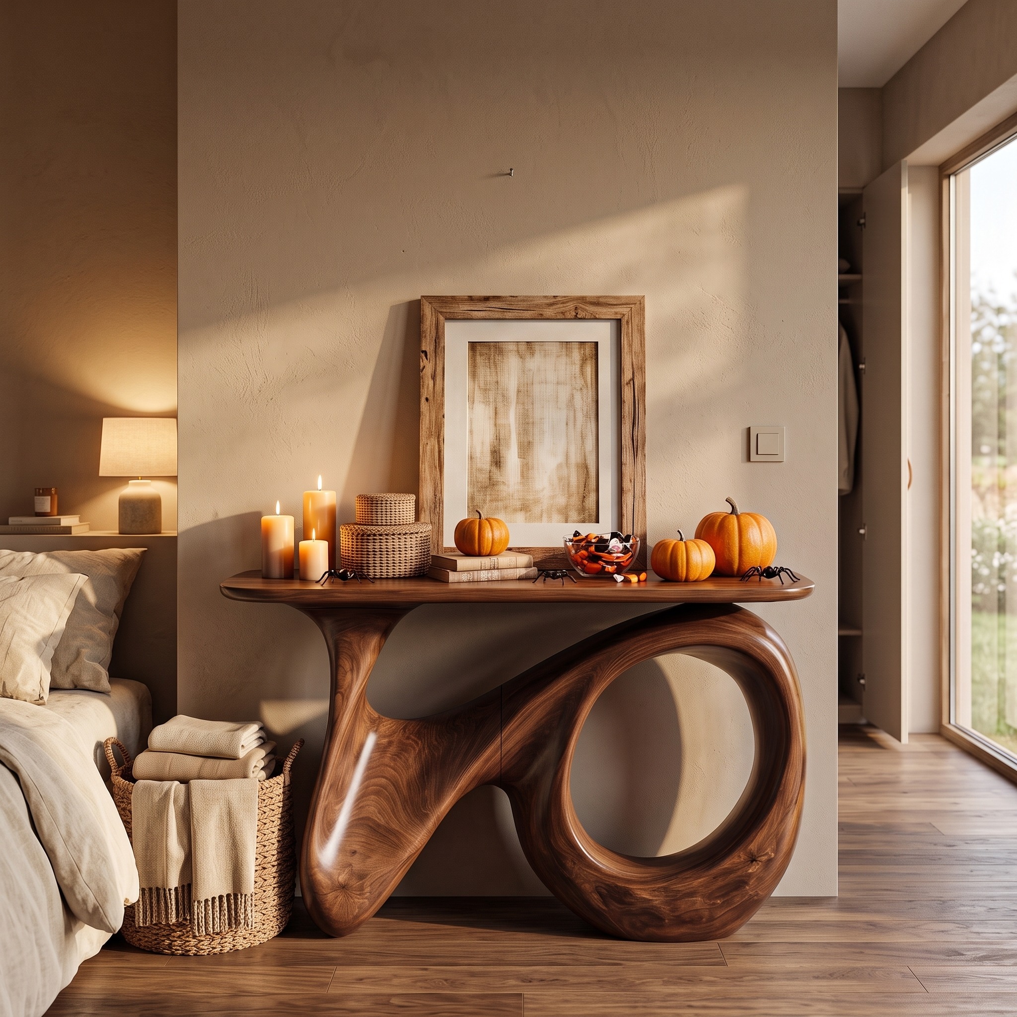Natural Halloween Hallway Table with Carved Gothic Arch Frame for Foyer