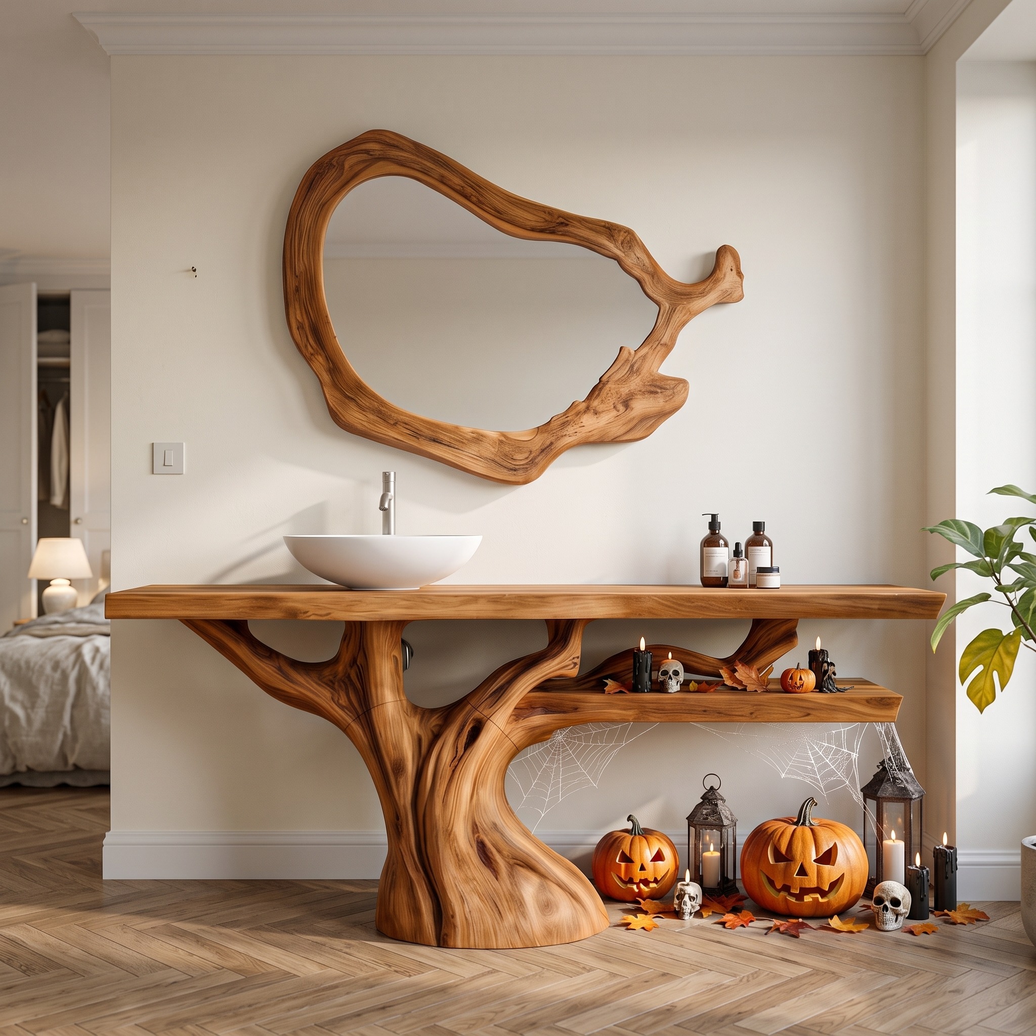 Natural Halloween Solid Wood Bathroom Vanity with Flowing Tree Form for Bathroom
