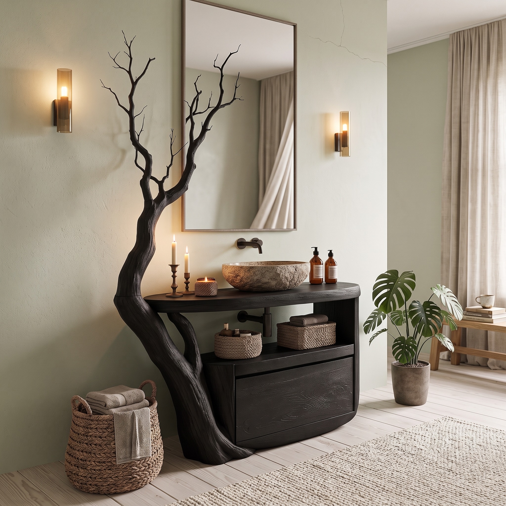 Natural Halloween Tree Bathroom Vanity with Open Shelf Storage for Bathroom
