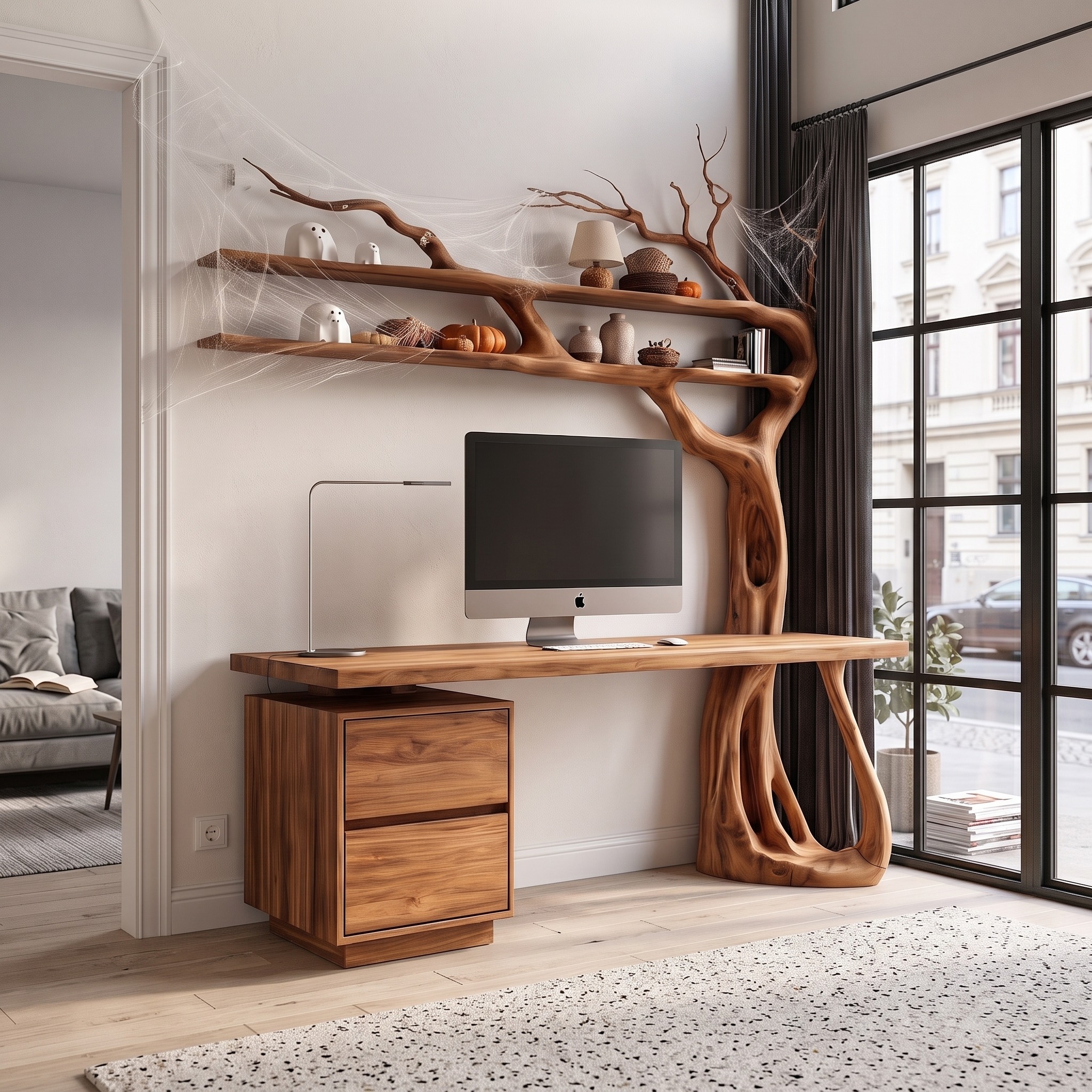 Natural Halloween Tree Desk with Spooky Branch Bookshelf for Bedroom