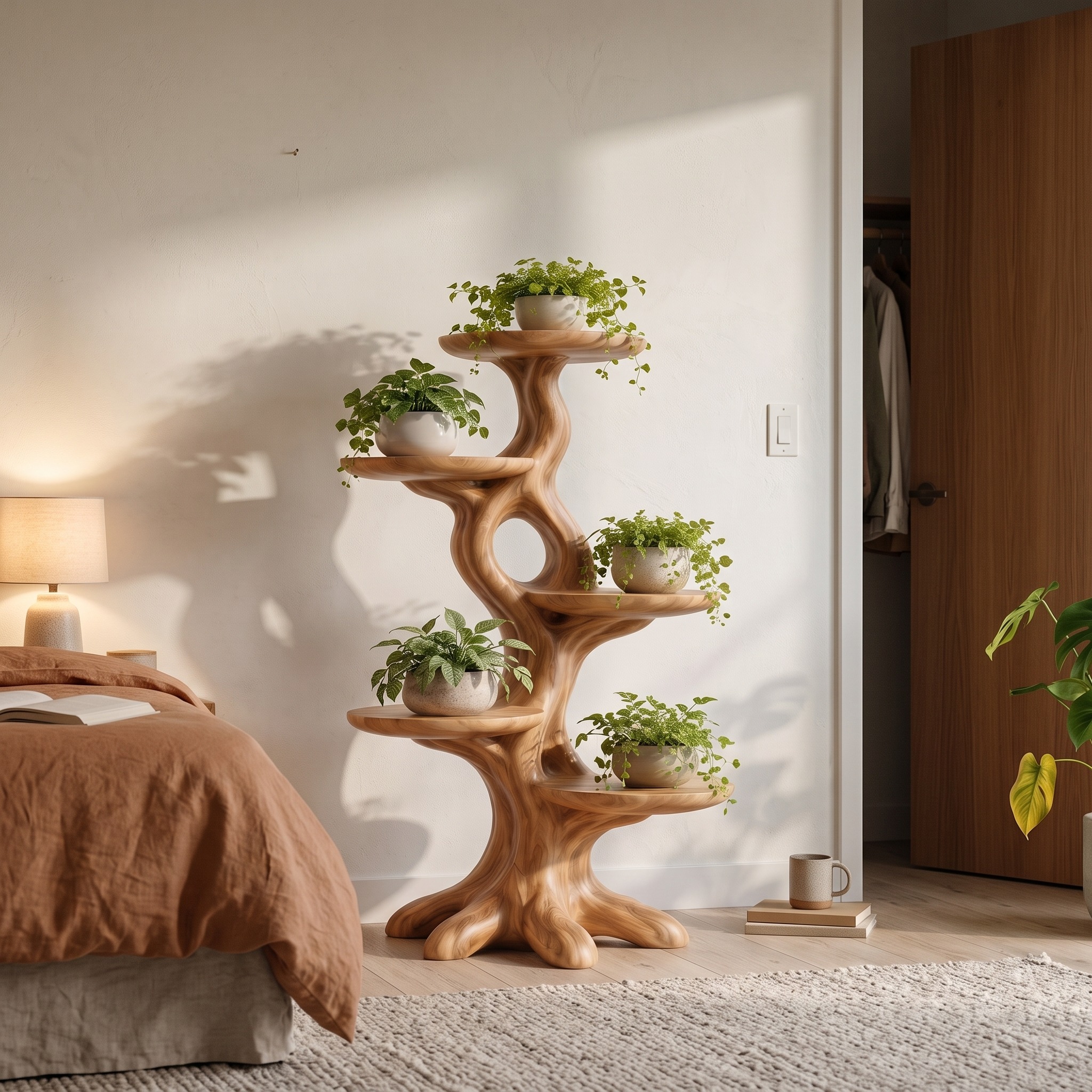 Natural Indoor Plant Stand with Flowing Tree Form for Living Room and Balcony