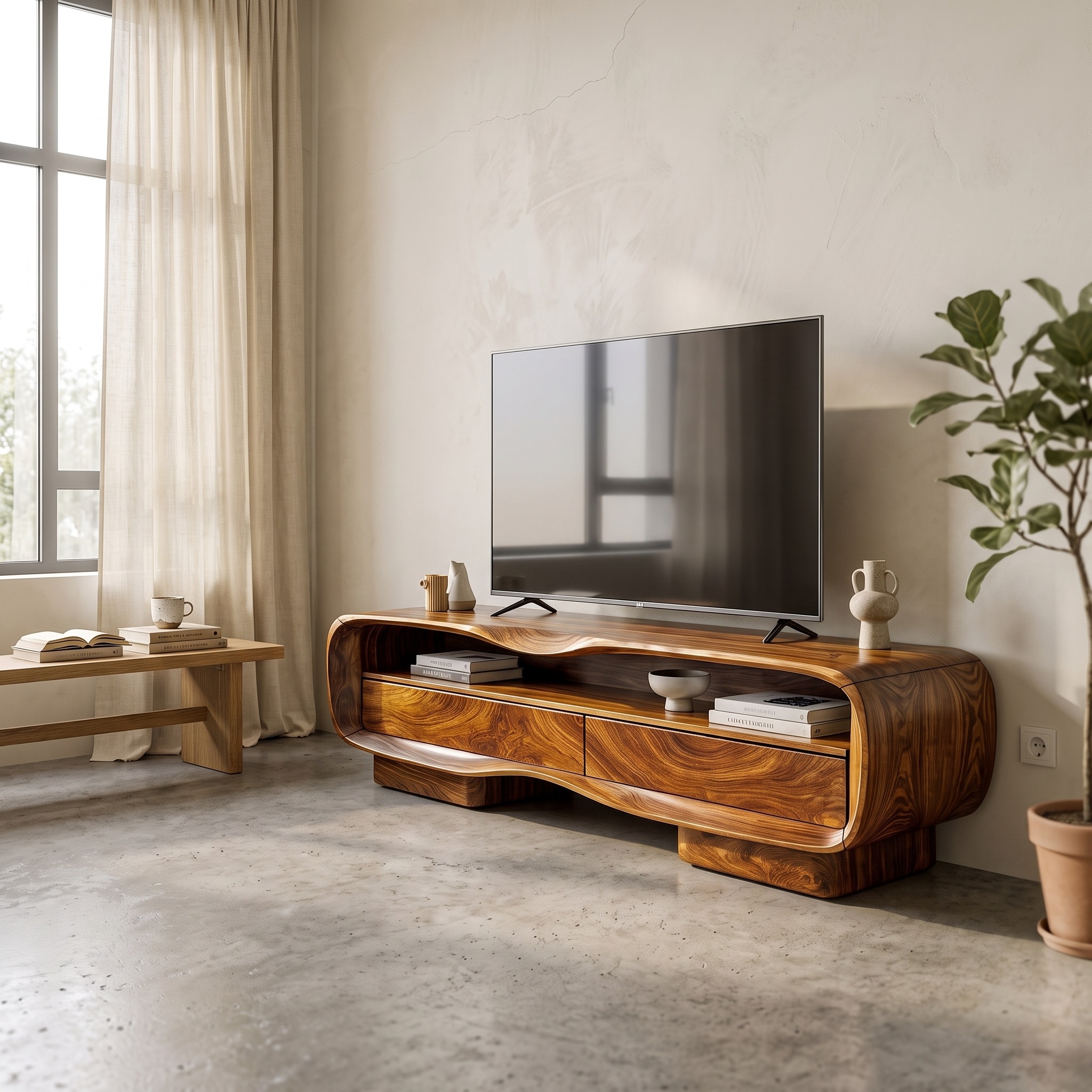 Natural Media Console with Solid Block Design for Living Room and Family Room